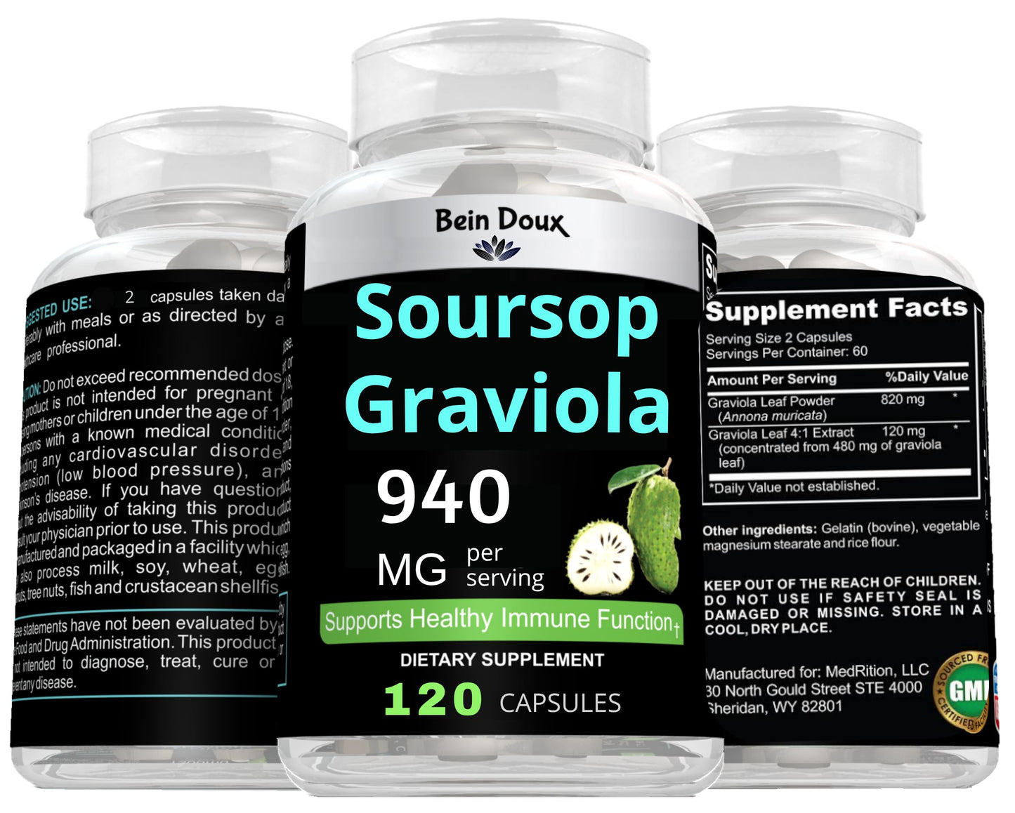 BEIN DOUX 940mg Soursop Graviola Leaves Powder Capsule Rich in Antioxidants, 120 Capsules