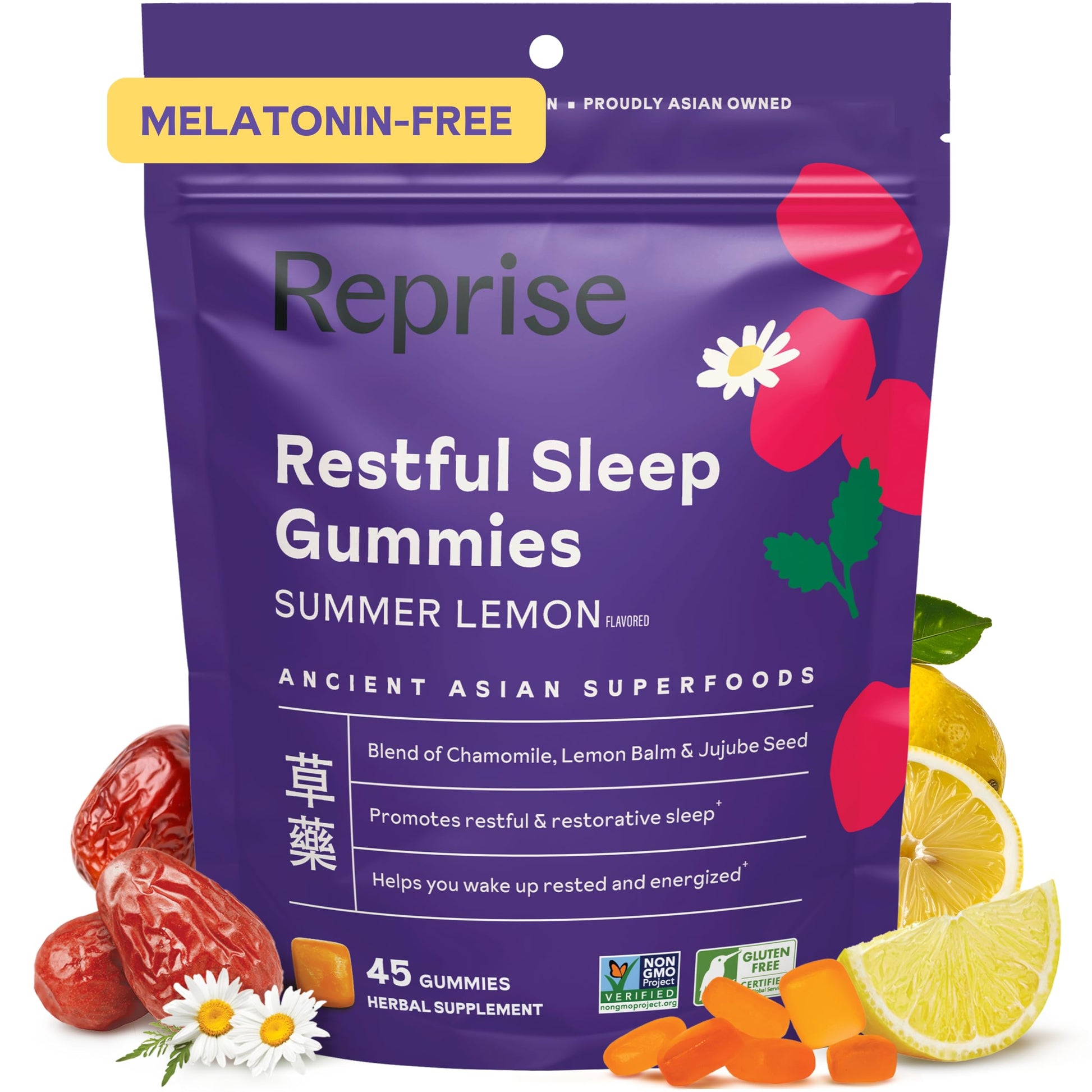 Reprise Melatonin-Free Natural Sleep Aid Gummies with Jujube & Chamomile, Lemon Balm - Deep Sleep Support, 45 Count