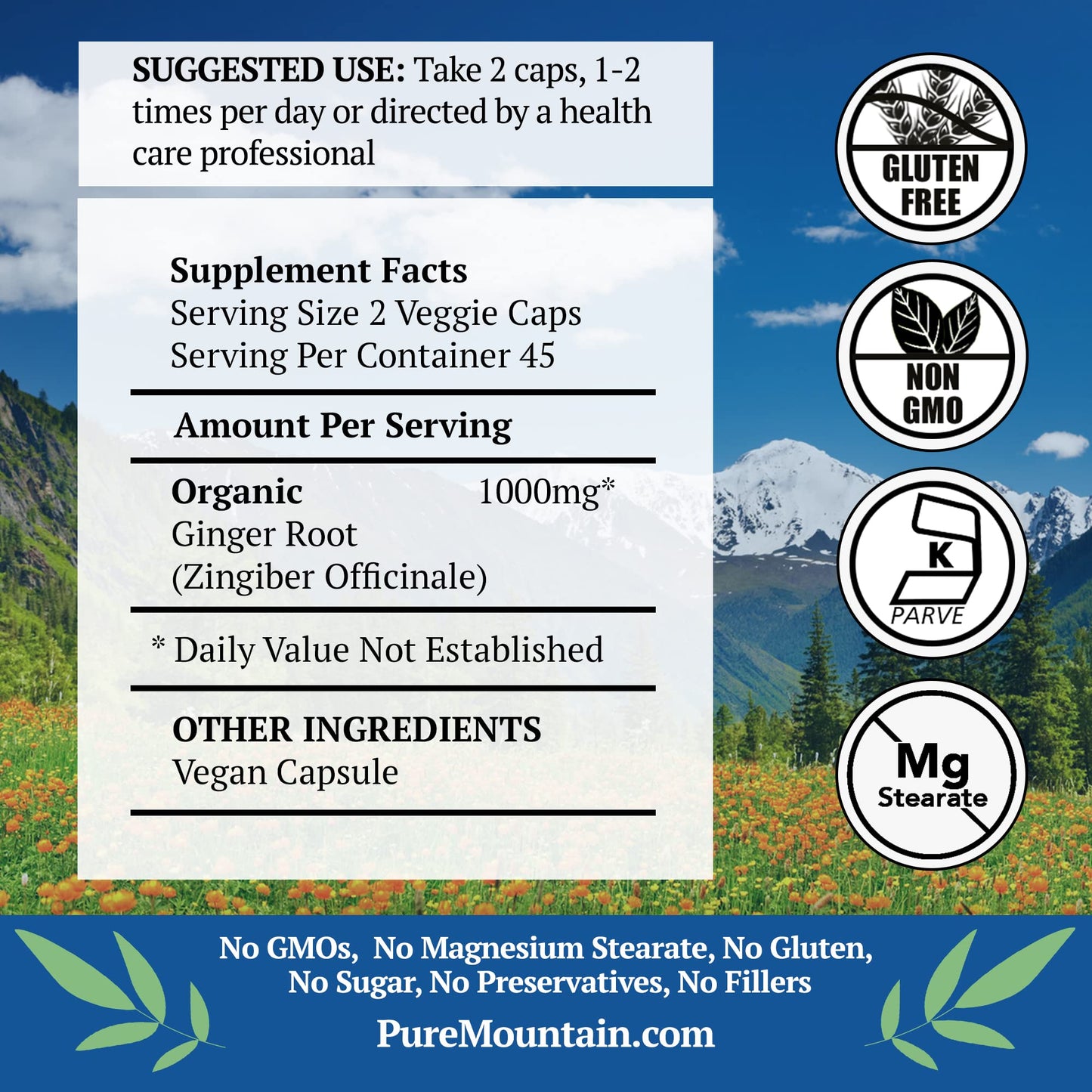 Pure Mountain Botanicals Ginger Capsules 1000mg Organic Ginger Root, 90 Capsules