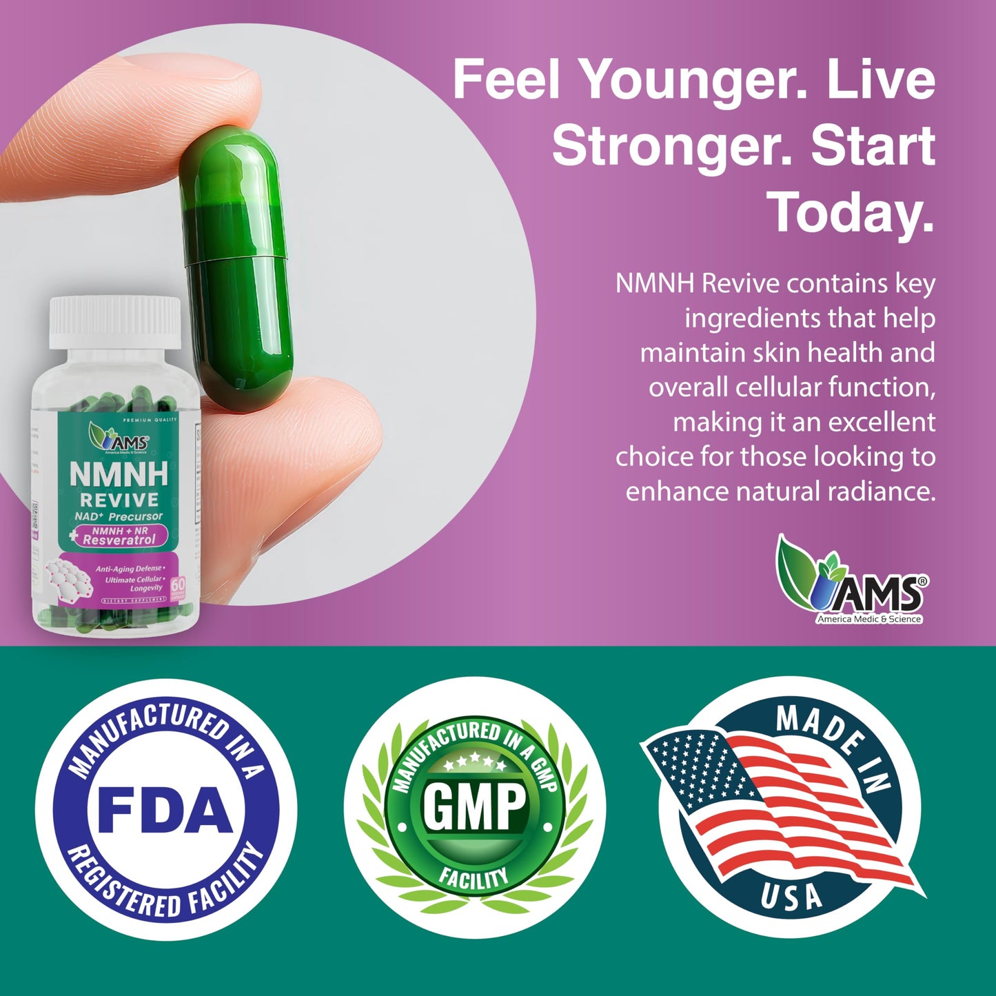 America Medic & Science NMNH Revive Dual NAD+ Precursor Supplement for Longevity, Healthy Aging, Energy, Metabolic Function, Skin & Cellular Health, 60 Capsules
