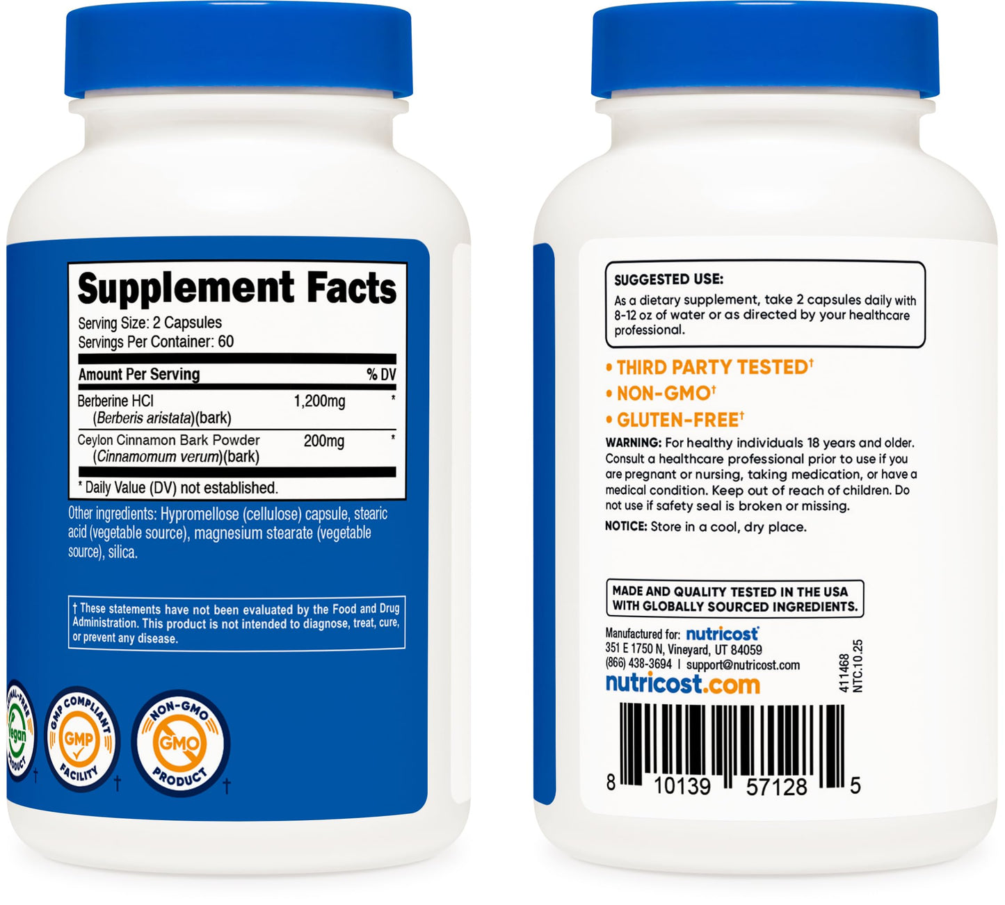 Nutricost Berberine HCl with Ceylon Cinnamon Capsules 120 Capsules