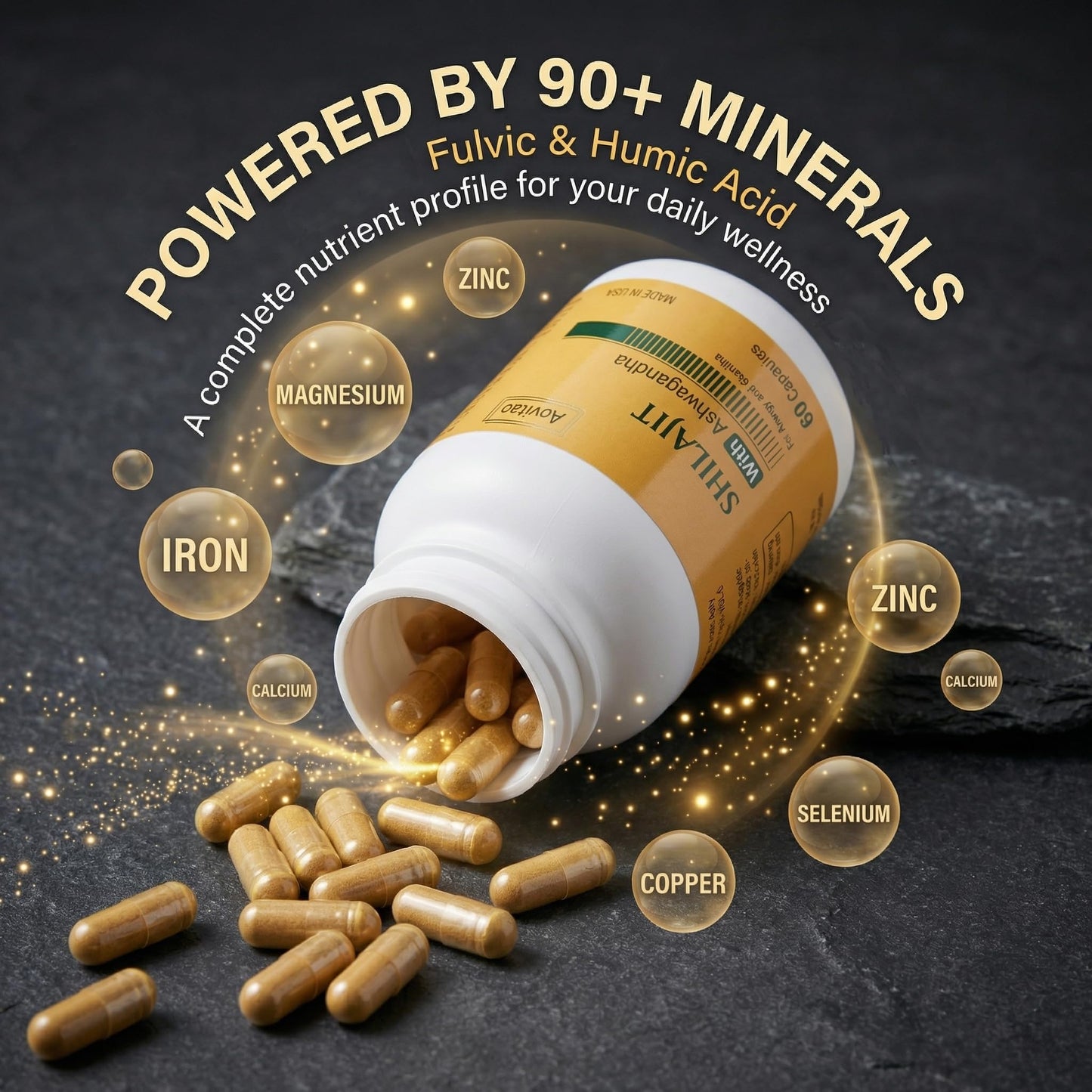 AOVITAO Natural Shilajit Capsules 550mg with Ashwagandha Daily Wellness Supplement, Capsule, 60 Count