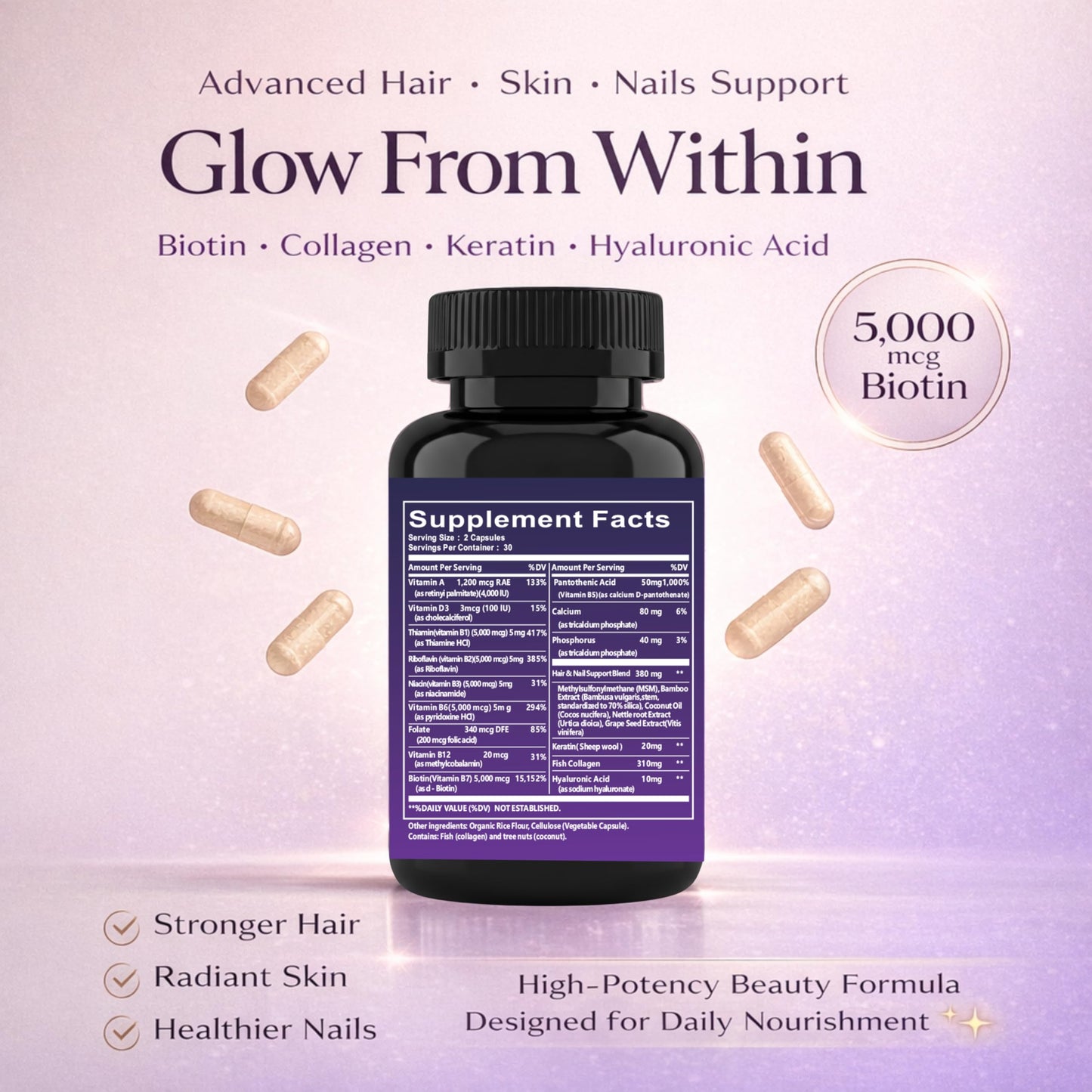 Trisundi Biotin 5000 mcg Capsules with Collagen & Keratin, B-Complex Vitamins B1 B2 B3 B5 B6 B12, Hair Skin Nail Support Formula, 60 Capsules
