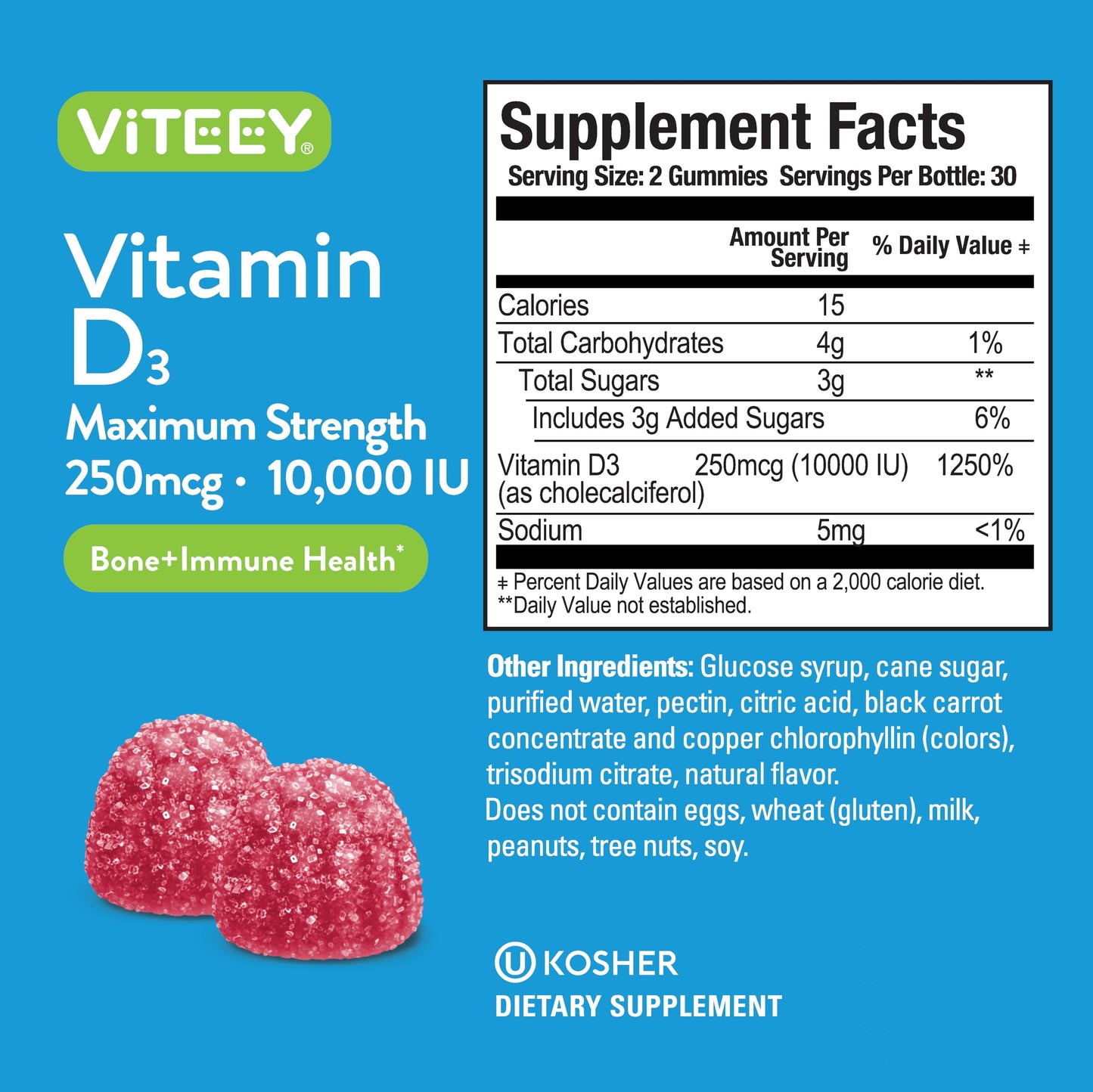 Viteey Vitamin D3 Gummies for Adults & Teens Pectin Gummy, 60 Count