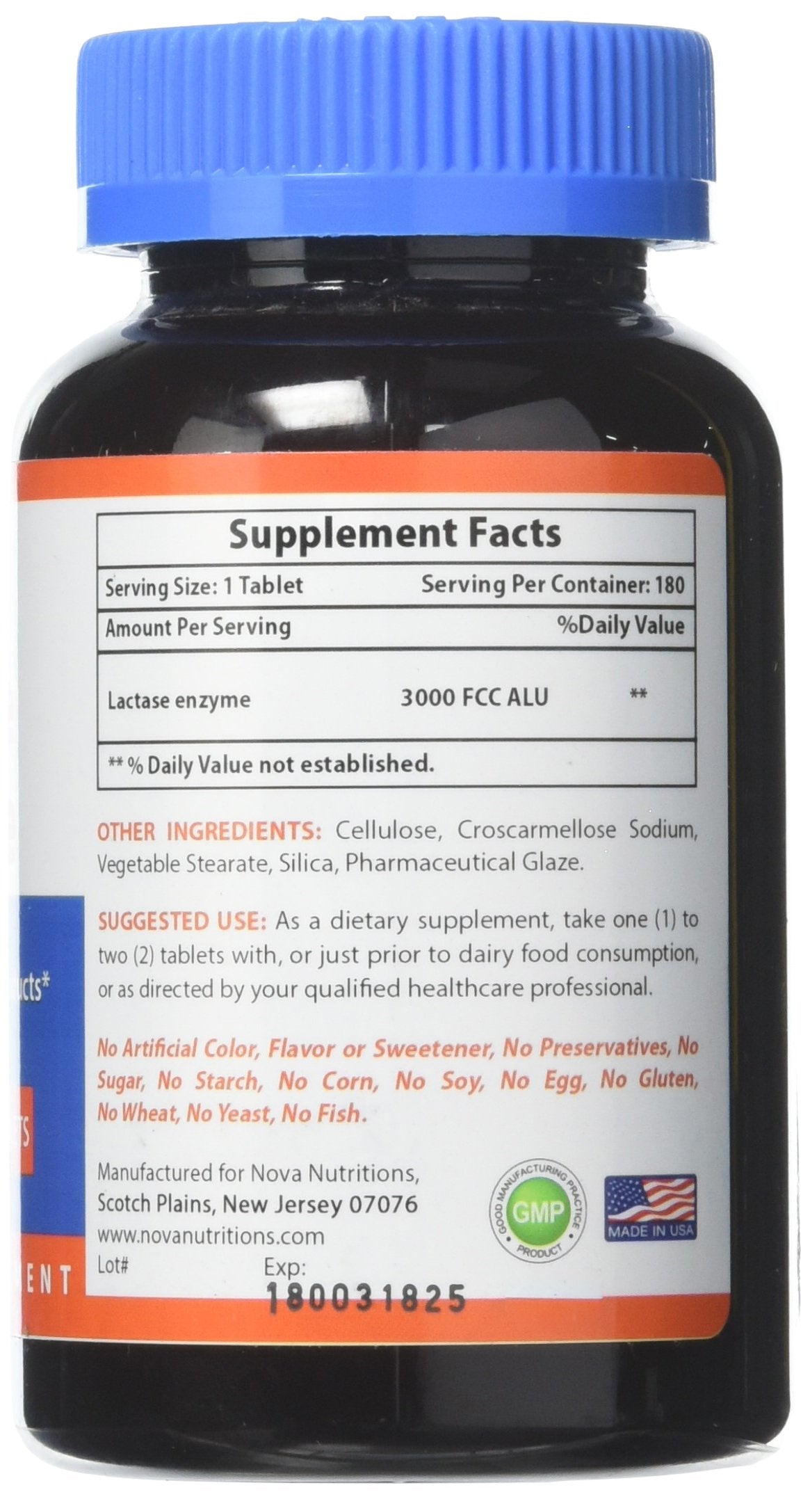 Nova Nutritions Lactase Enzyme 3000 FCC ALU Tablets, 180