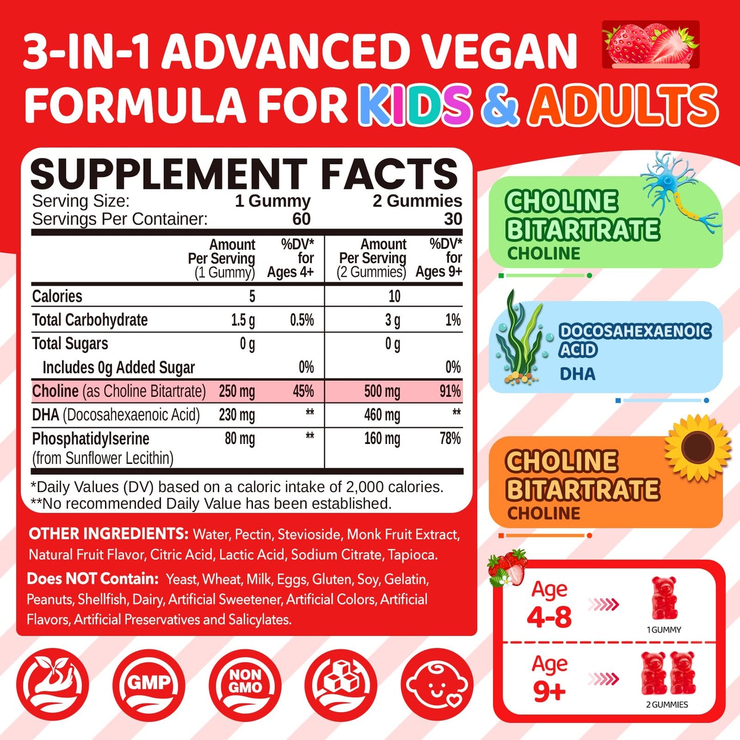 NATISLAND Choline Gummies 500mg with DHA, Phosphatidylserine for Brain Health, Focus, Immune Support, Sugar-Free, Vegan, Strawberry Flavor, 120 Gummies