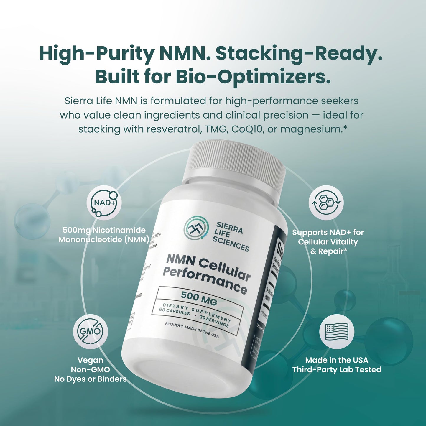 SIERRA LIFE SCIENCES NMN Supplement 500mg NAD+ Booster Vegan Capsules, 60 Count