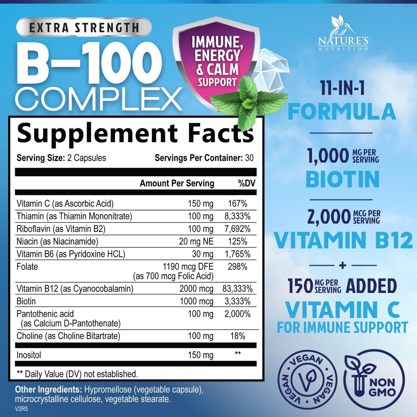 Nature's Nutrition B Complex Vitamins Capsules - B-100 Complex with Vitamin B12, B6, C, Biotin, Folate & Folic Acid for Immune & Energy Support - 60 Capsules