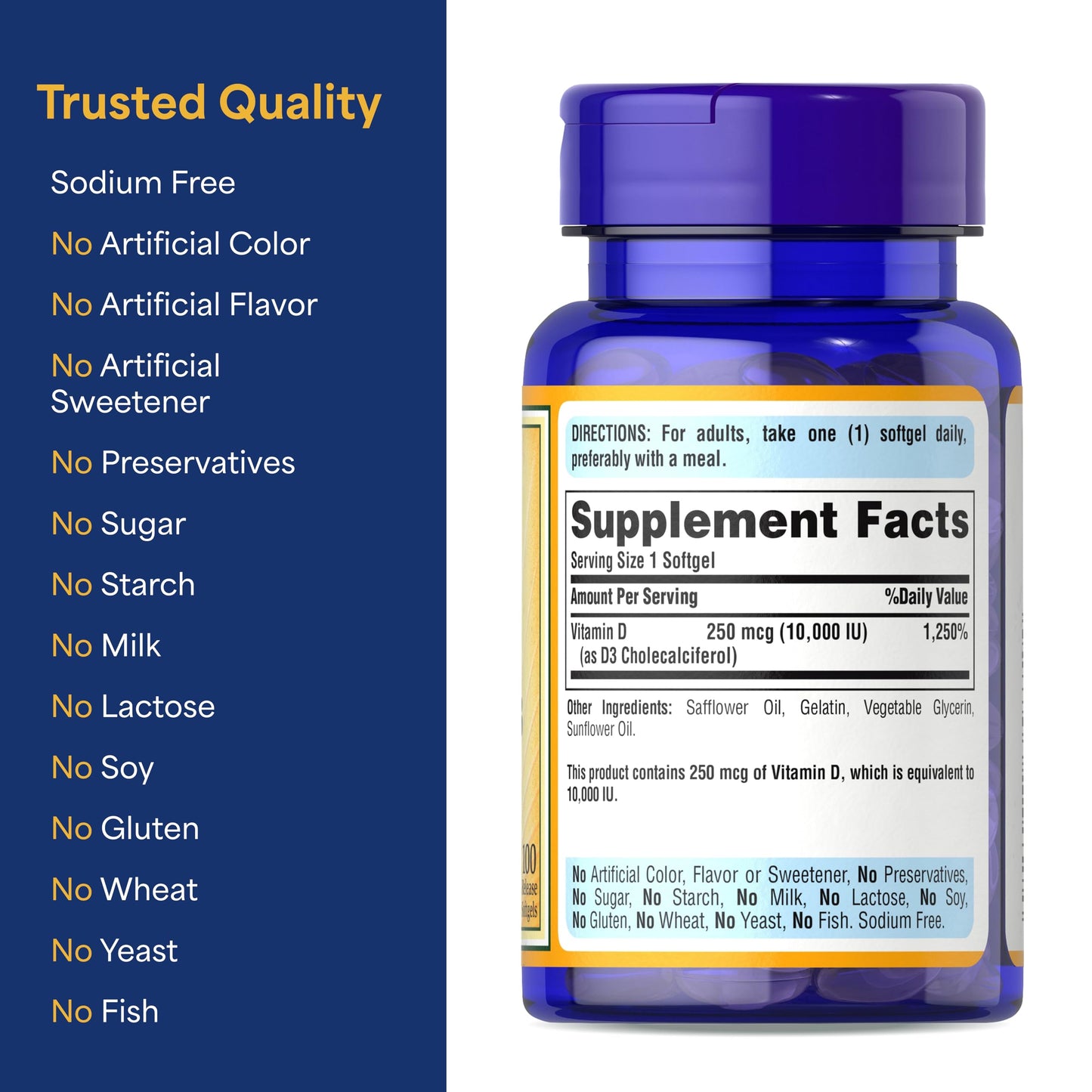 Puritan's Pride Premium Sunvite Mega-Potency Vitamin D3 10,000 IU Caplets, 200 Count