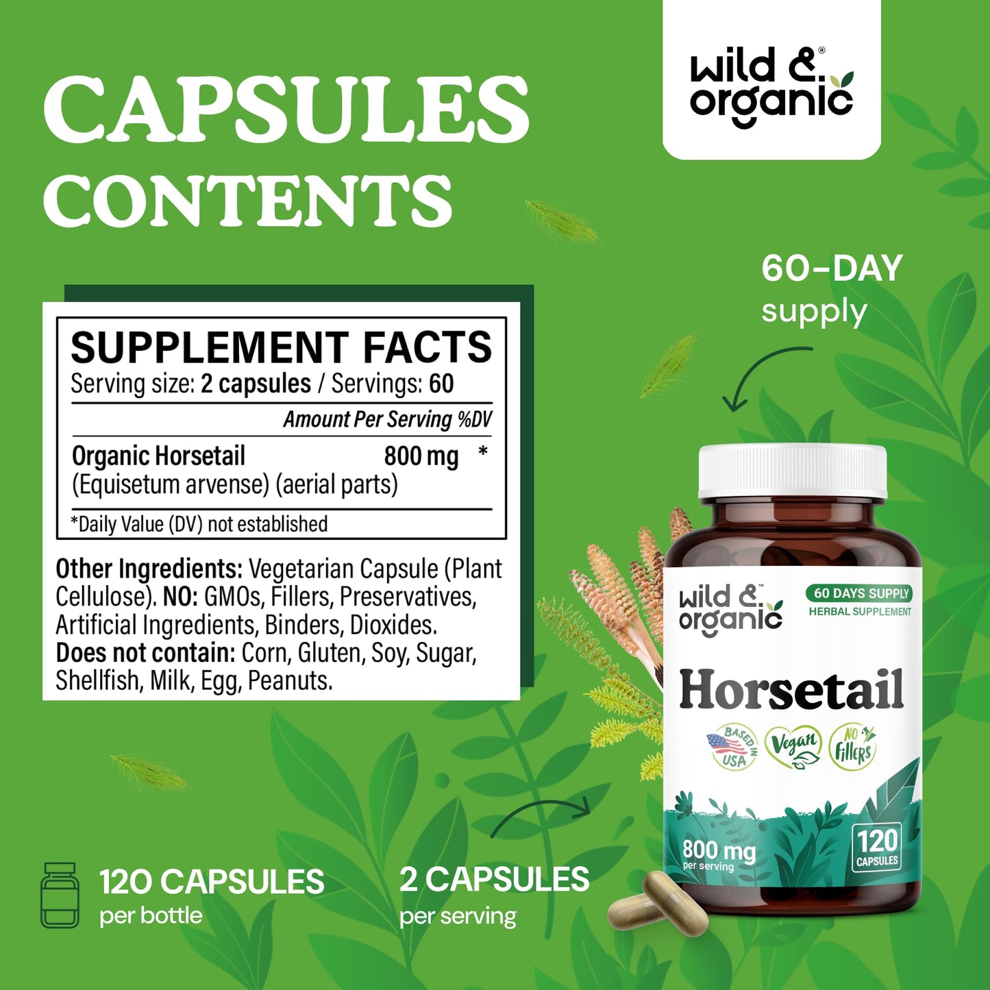 Wild & Organic Horsetail Herb Capsules, 120 Count