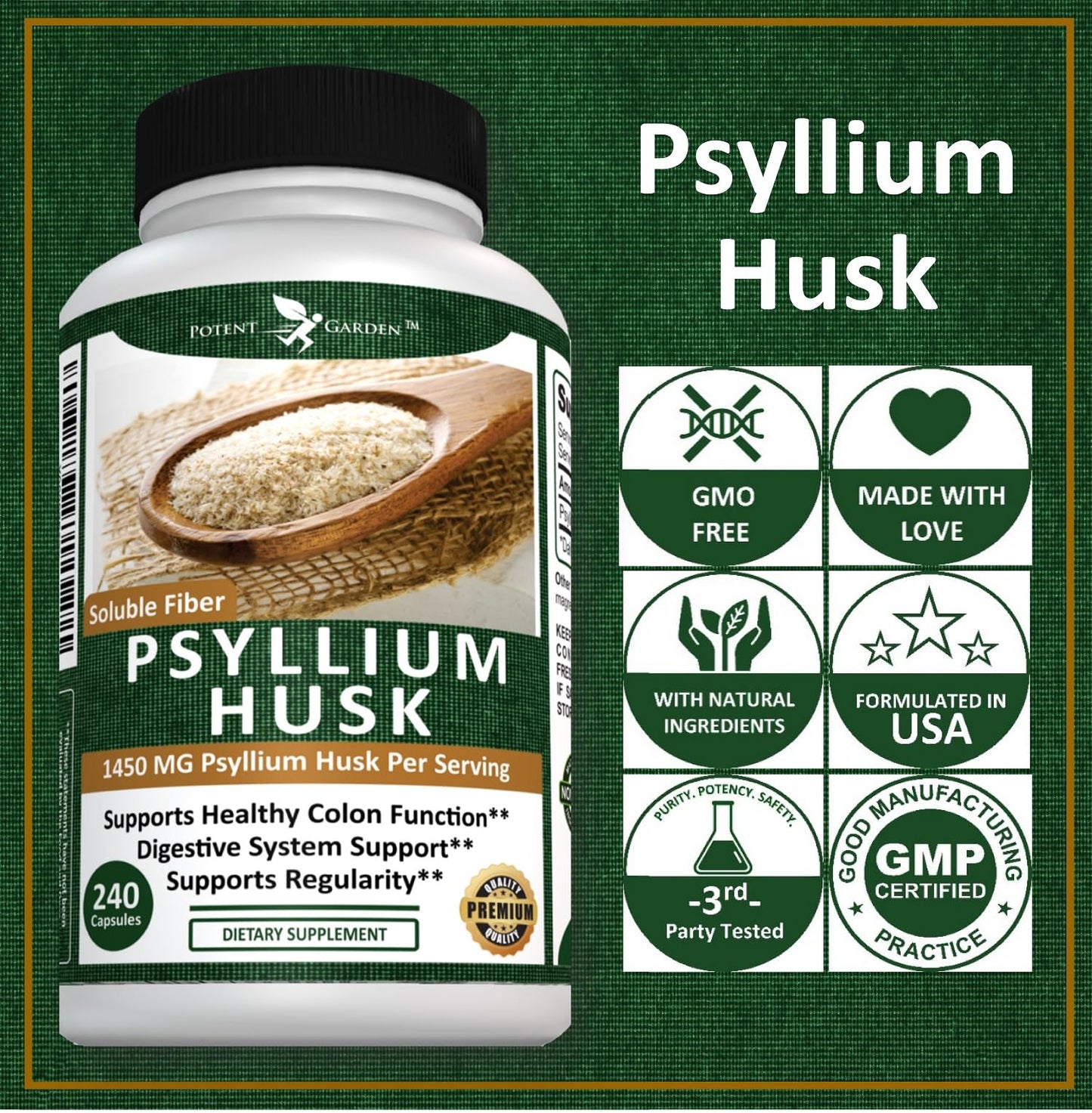 Potent Garden Psyllium Husk Capsules, 240 Capsules