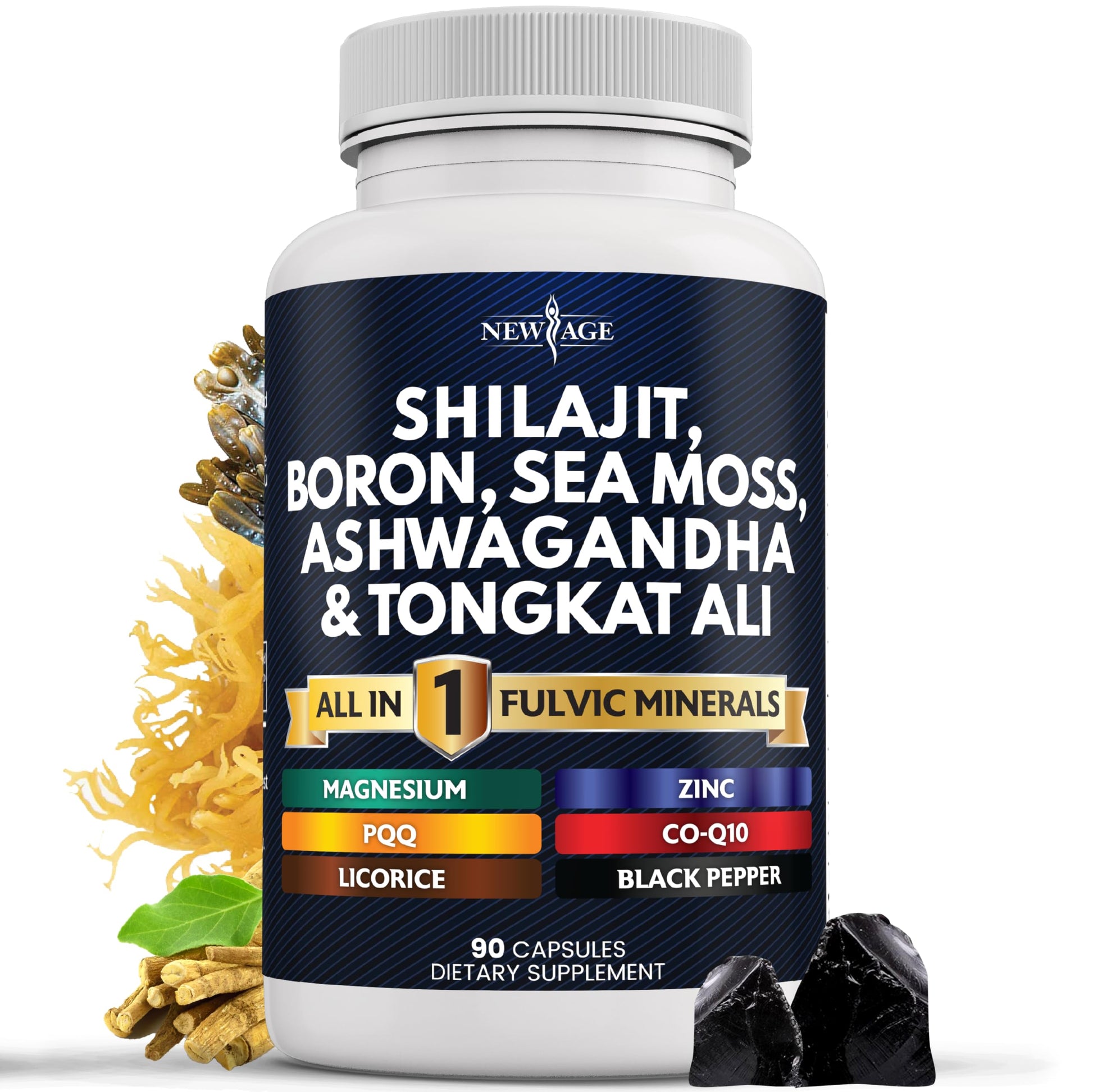NEW AGE Shilajit Supplement with Sea Moss, Ashwagandha, Tongkat Ali, Boron, Magnesium - Fulvic Acid Capsules for Men, 90 Count