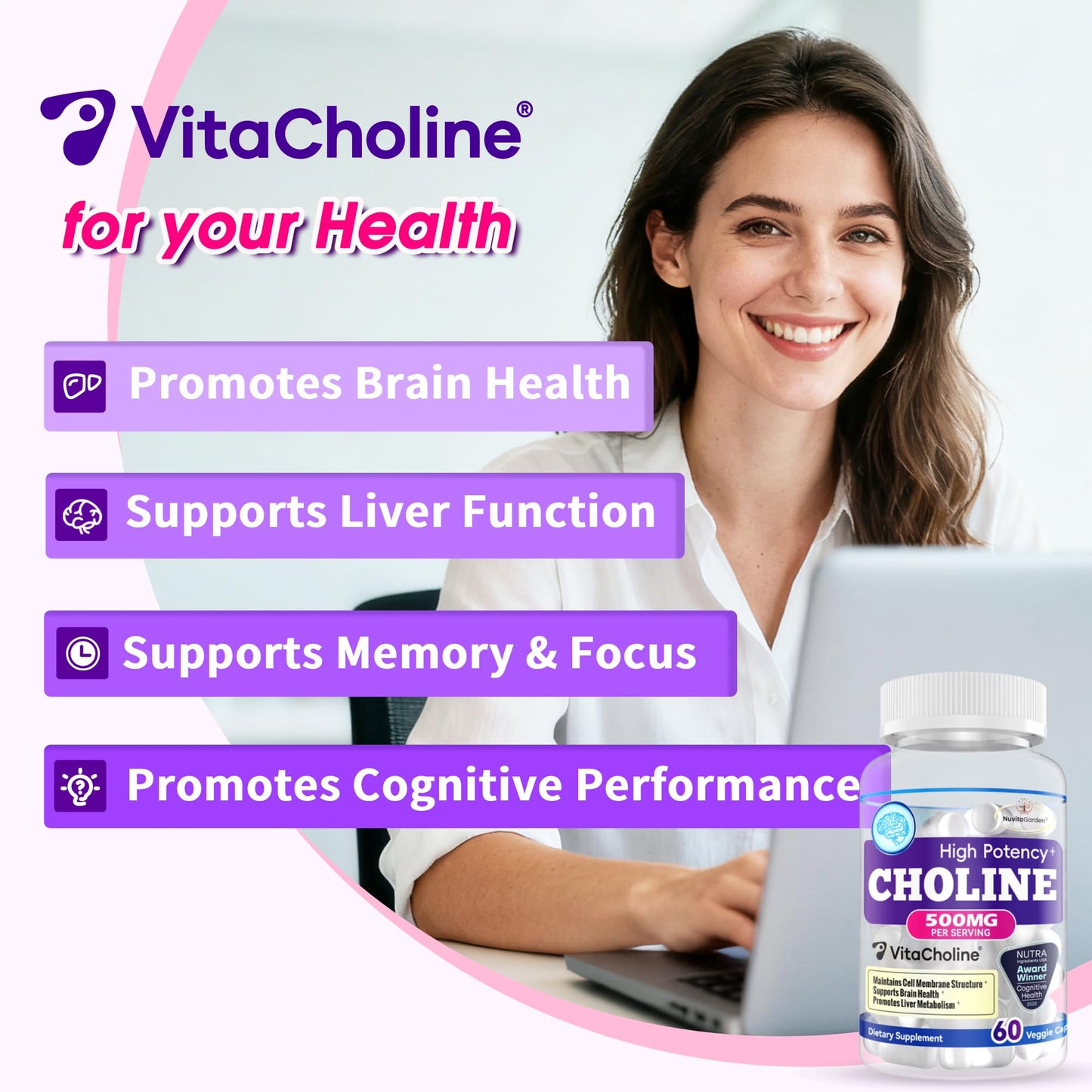 NuvitaGarden Choline 500 mg Capsules, 60 Count, Vegan, Brain Health, Mood Support, Muscle & Liver Support