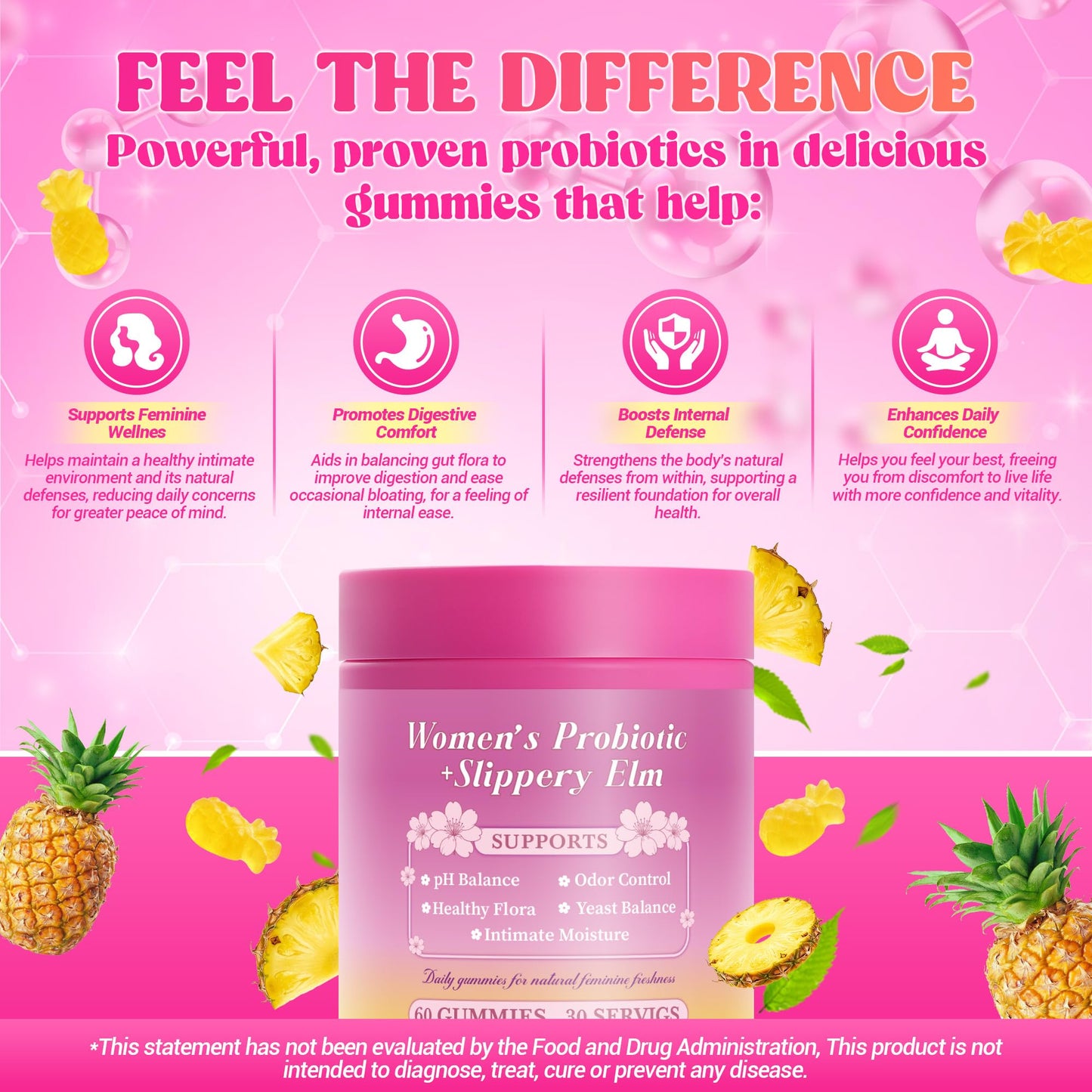 BOSNETHUINH Her Juicy Feminine Probiotic Gummies Slippery Elm for Women, 120 Gummies