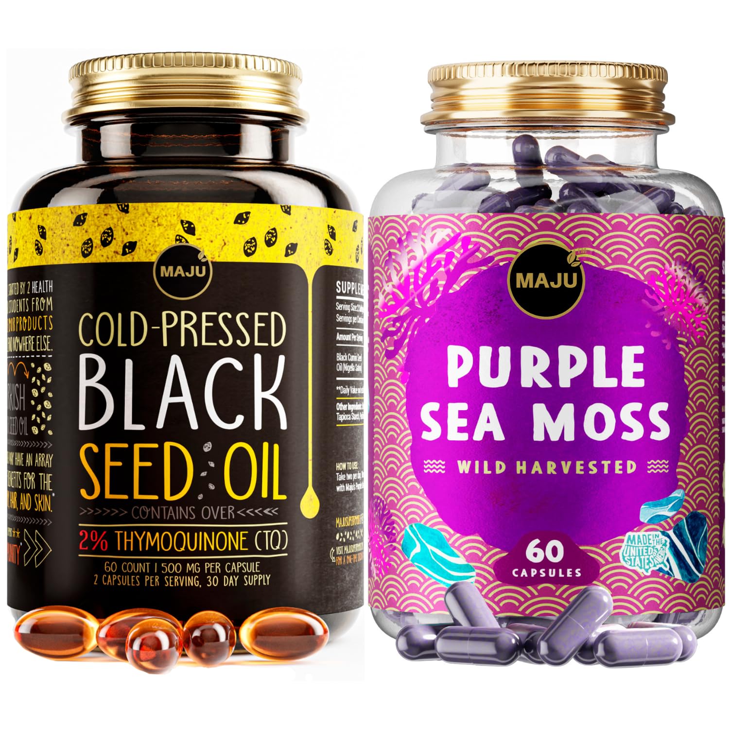 Maju Superfoods Black Seed Oil Capsules and Purple Sea Moss Capsules Bundle, 120 Capsules