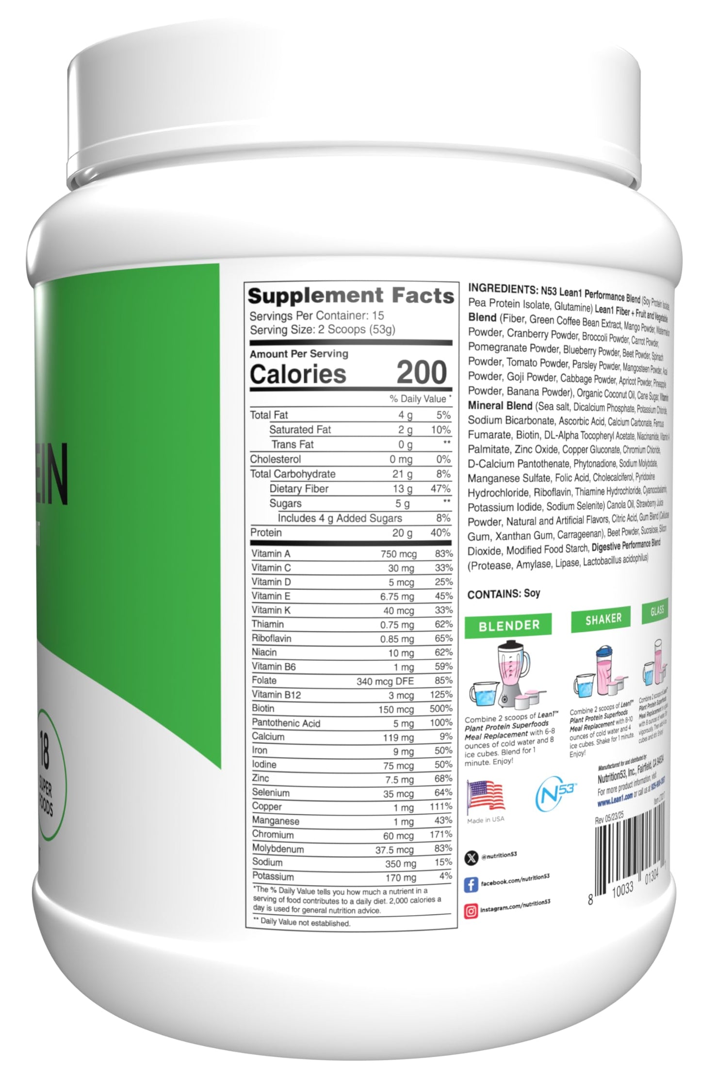 LEAN1 Plant Based Protein Powder Meal Replacement Strawberry Flavor, 27 Servings