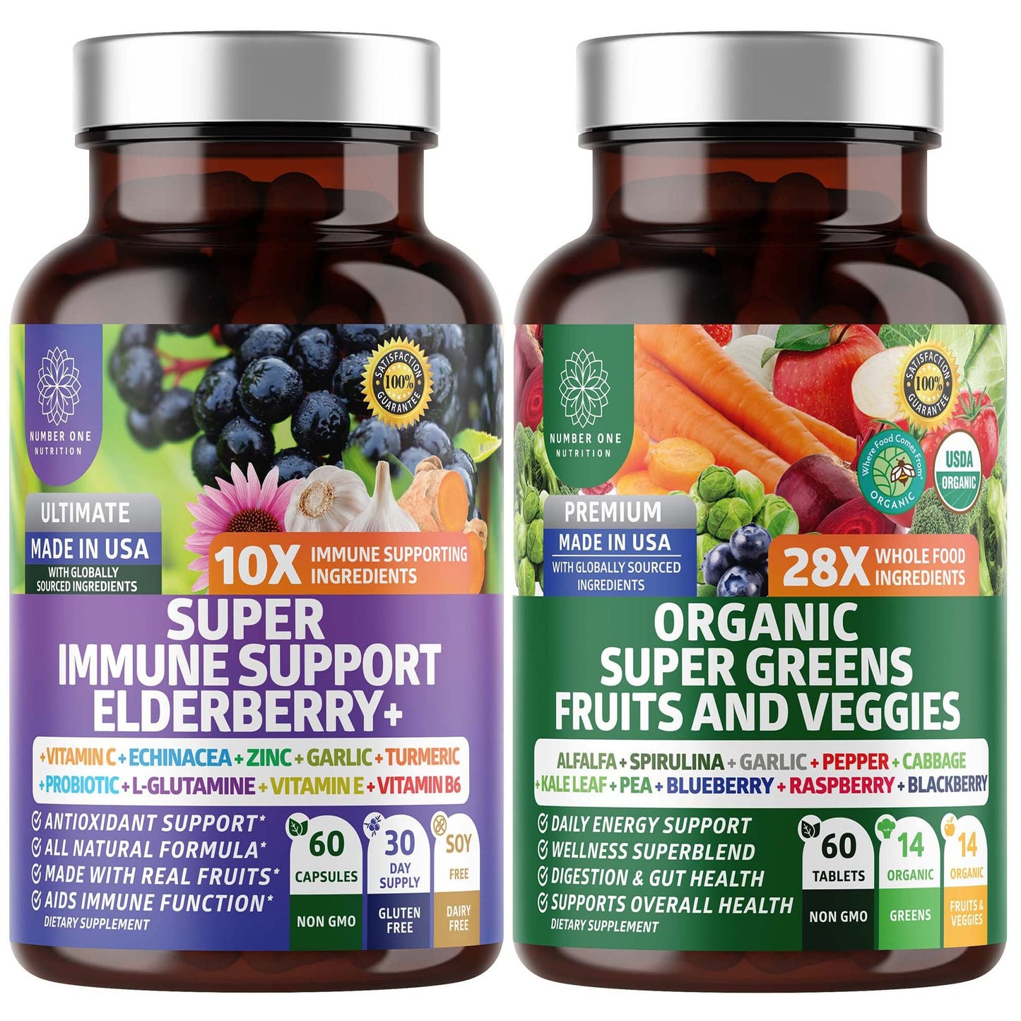 Number One Nutrition N1N Premium Organic Super Fruits & Veggies + Immune Support 120 Capsules