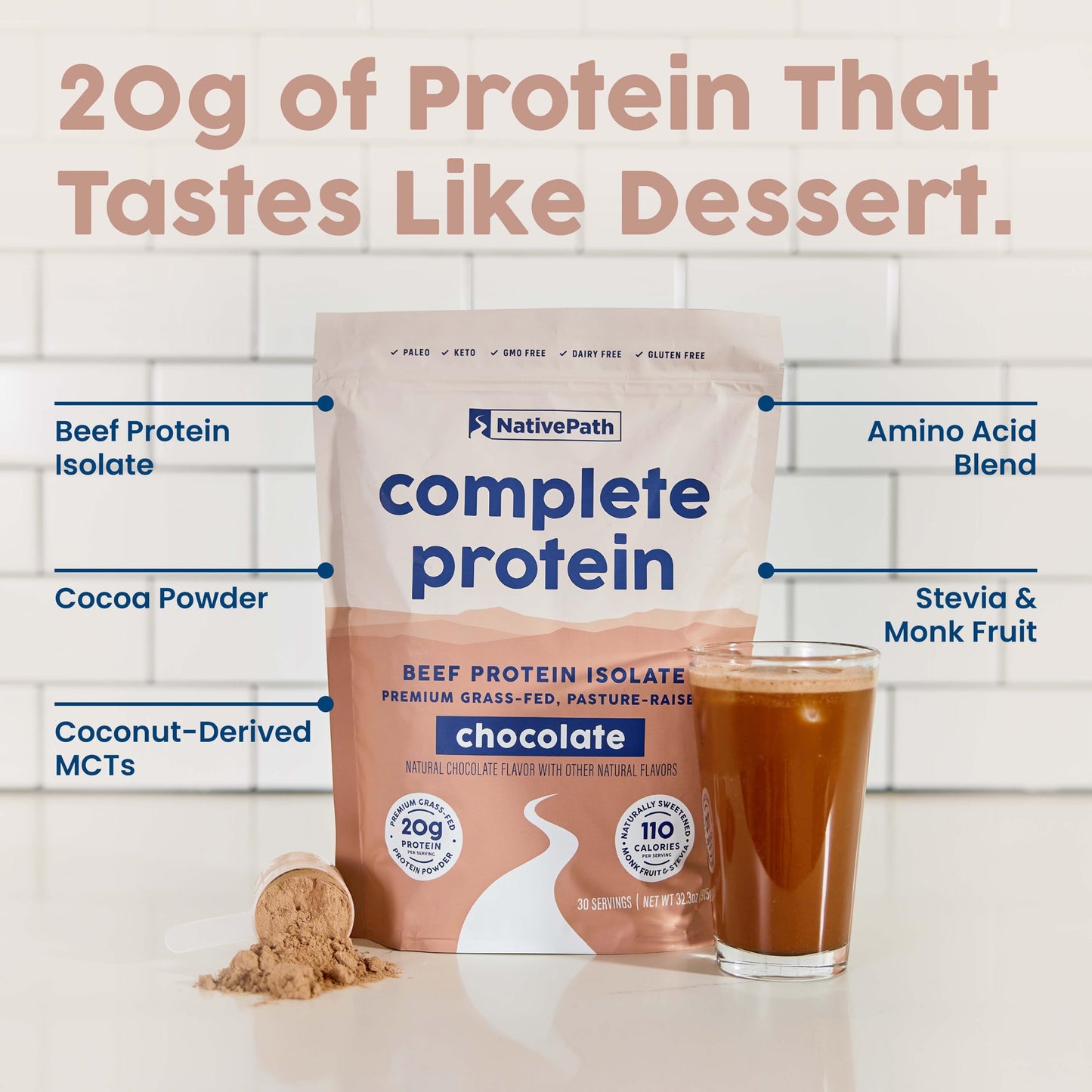 NativePath Complete Protein Powder, Chocolate, 20g Grass-Fed Beef, 30 Servings