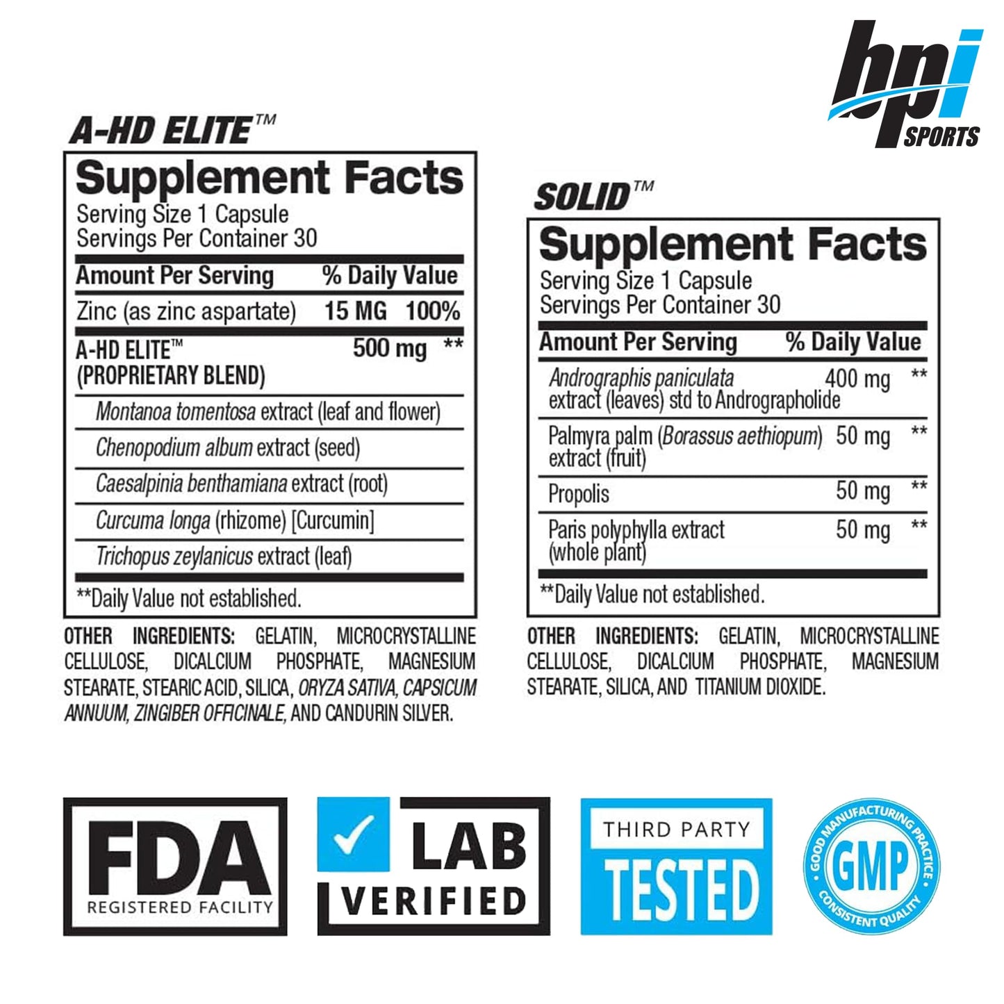 BPI Sports A-HD Elite/Solid Testosterone Booster for Men Capsules, 60 Count