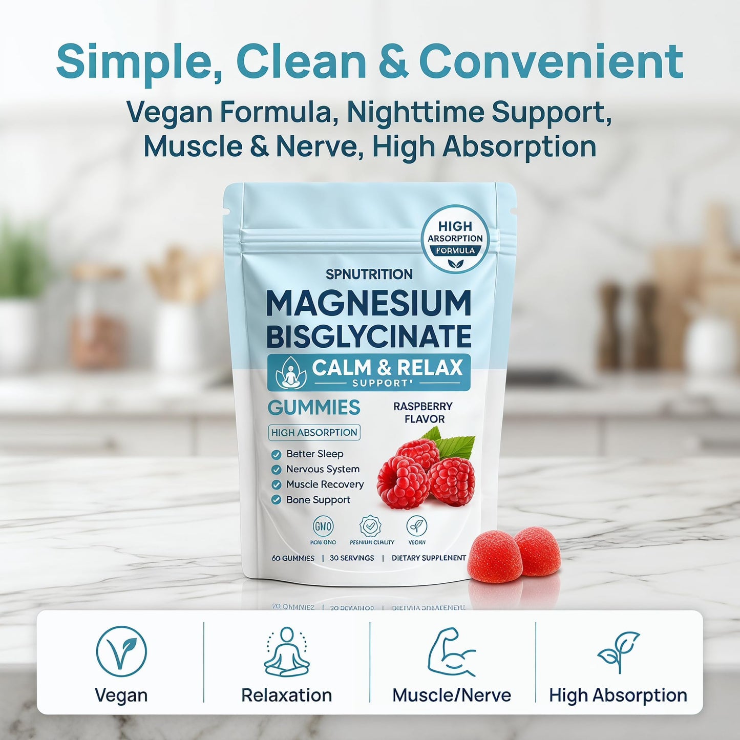 SPNUTRITION Magnesium Bisglycinate Gummies, 400mg Magnesium Bisglycinate Chelate with Sea Salt & Raspberry Powder, Vegan, 60 Gummies
