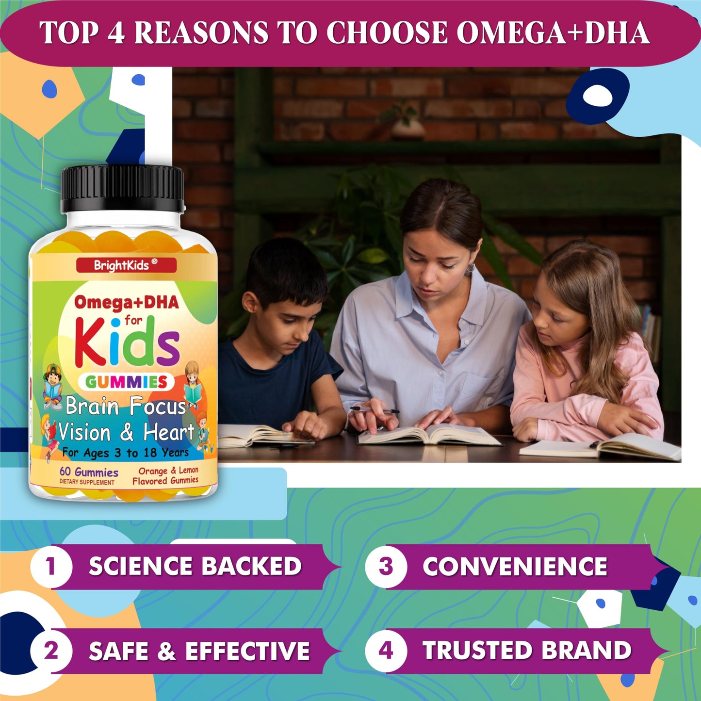 BrightKids Omega DHA Gummies for Kids & Teens, 60 Gummies