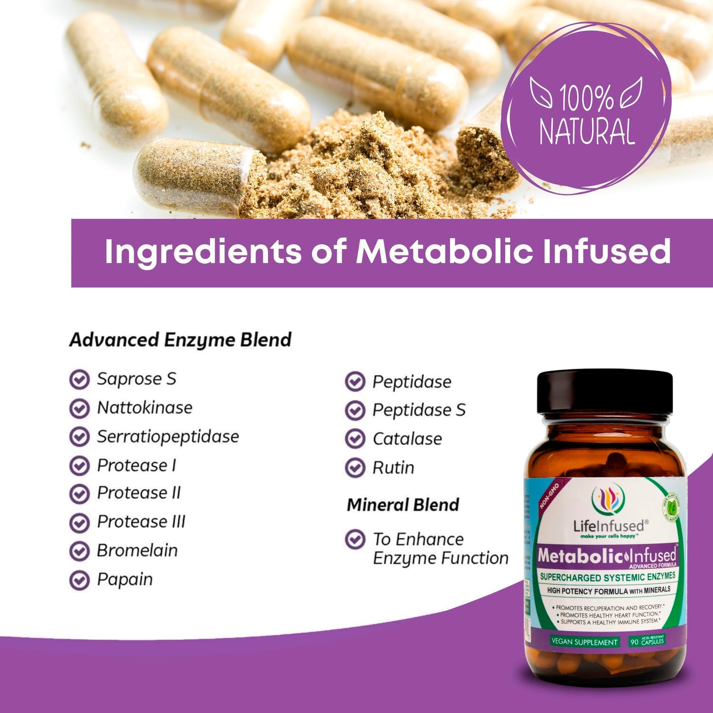 Life Infused Metabolic Enzymes Systemic Enzyme Supplement with Serrapeptase, Nattokinase, Bromelain & Protease Blend – 72 Trace Minerals – Immune & Circulation Support – Vegan, Non-GMO – 90 Capsules