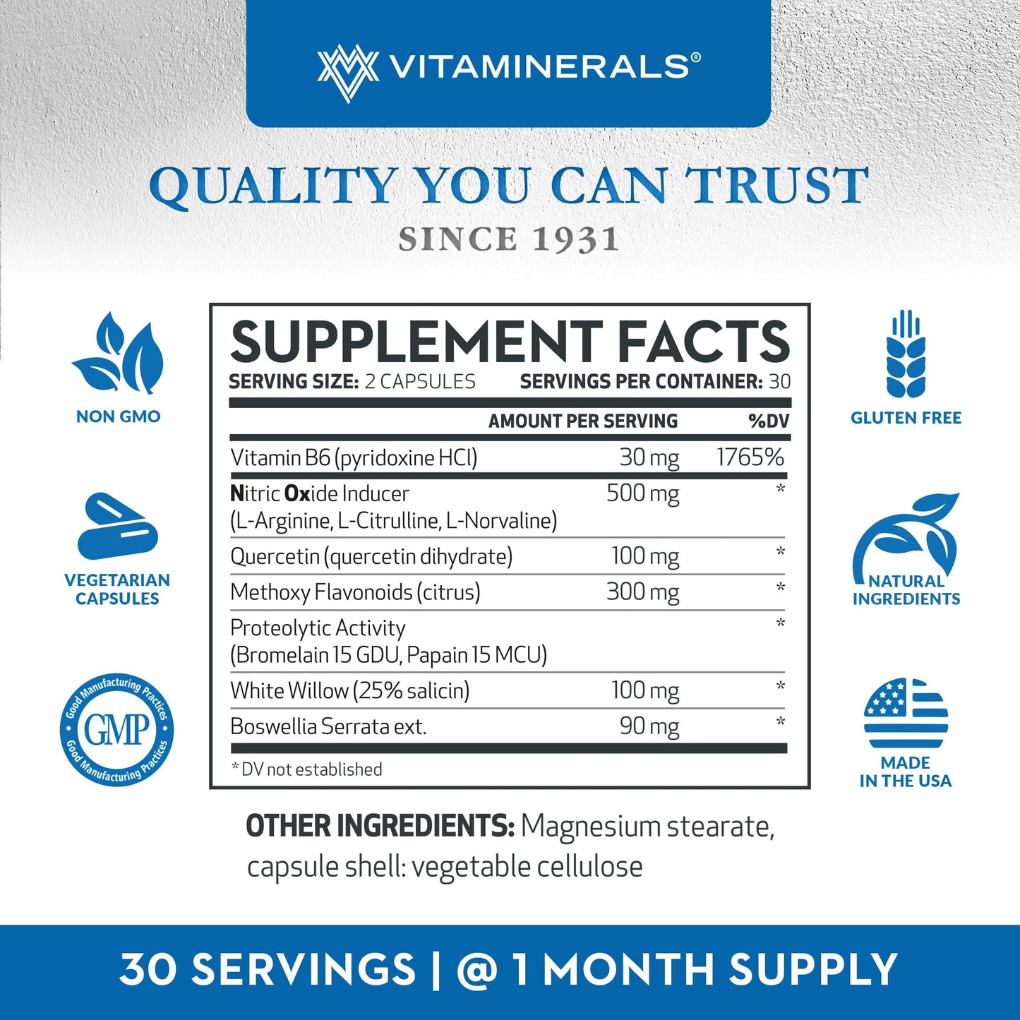 Vitaminerals 122 NOx NHF L-Arginine, L-Citrulline, L-Norvaline Plus B6, Quercetin, White Willow, Boswellia & Enzymes Capsules, 60 Capsules