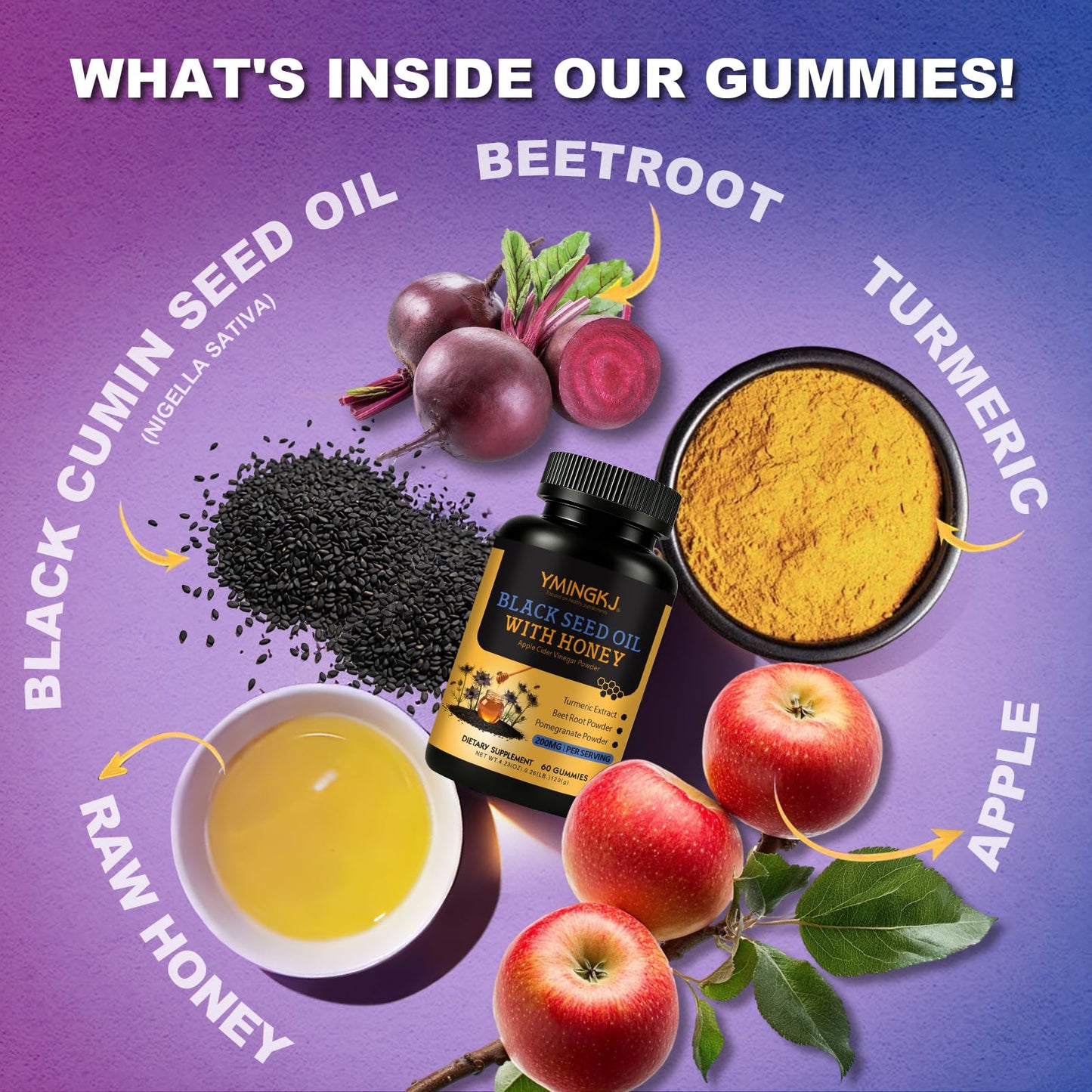 GONBERY Black Cumin Seed Oil Gummies with Biotin & ACV, Vitamin C, Turmeric & Honey - 120 Gummies