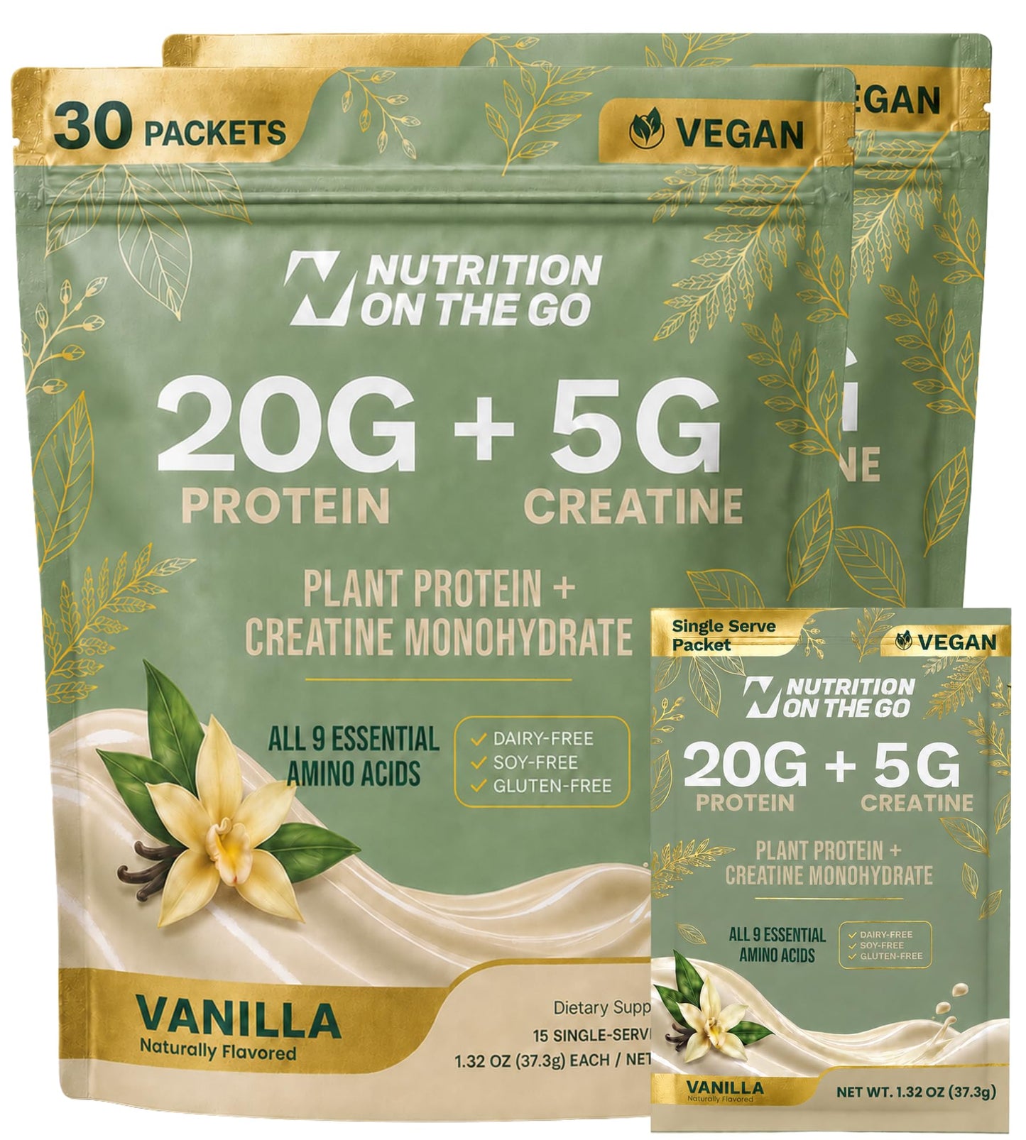 Nutrition On The Go 2-in-1 Vegan Protein + Creatine Travel Packets, Vanilla, 30 Packets