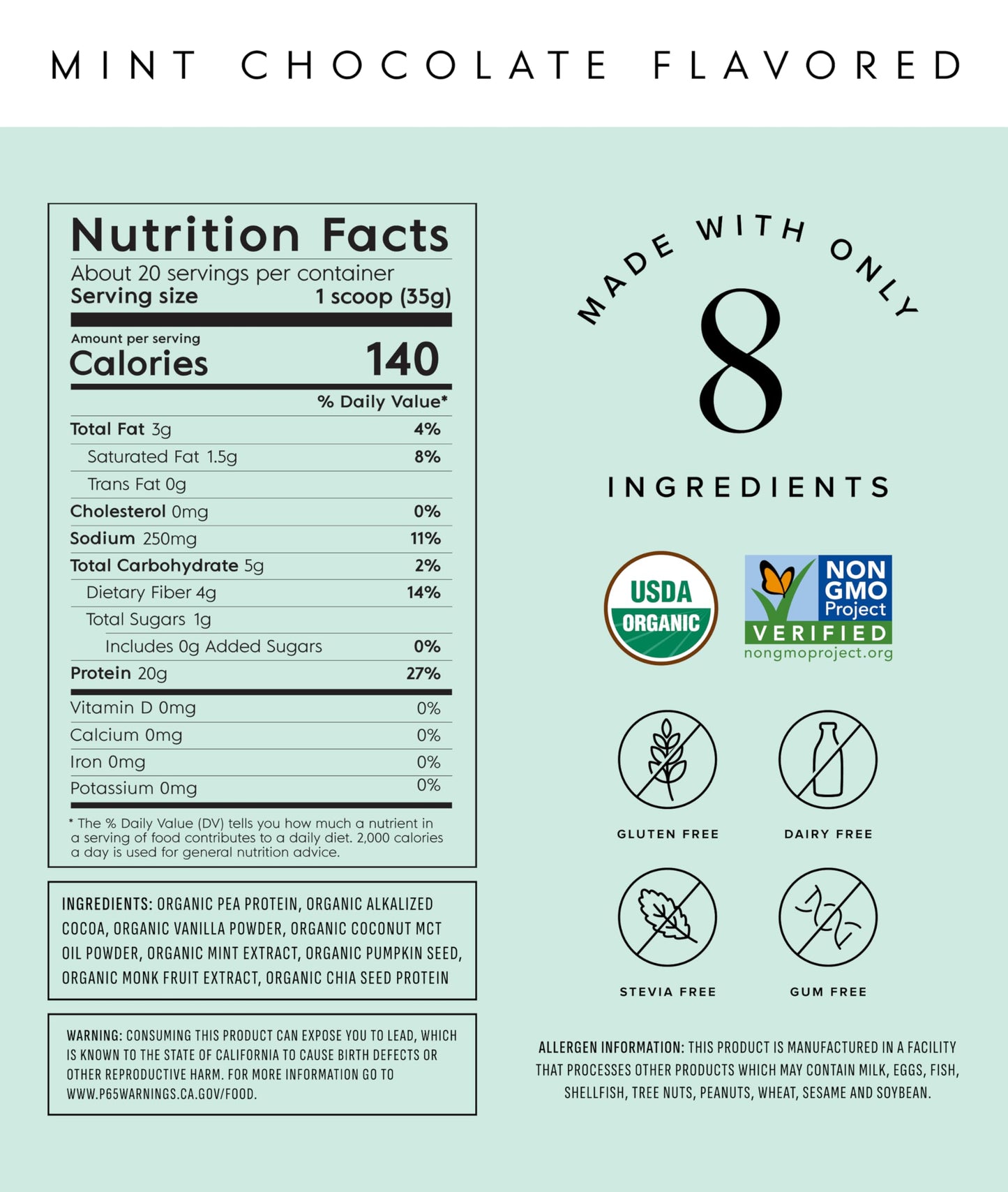 Truvani Vegan Pea Protein Powder Mint Chocolate, 20 Servings