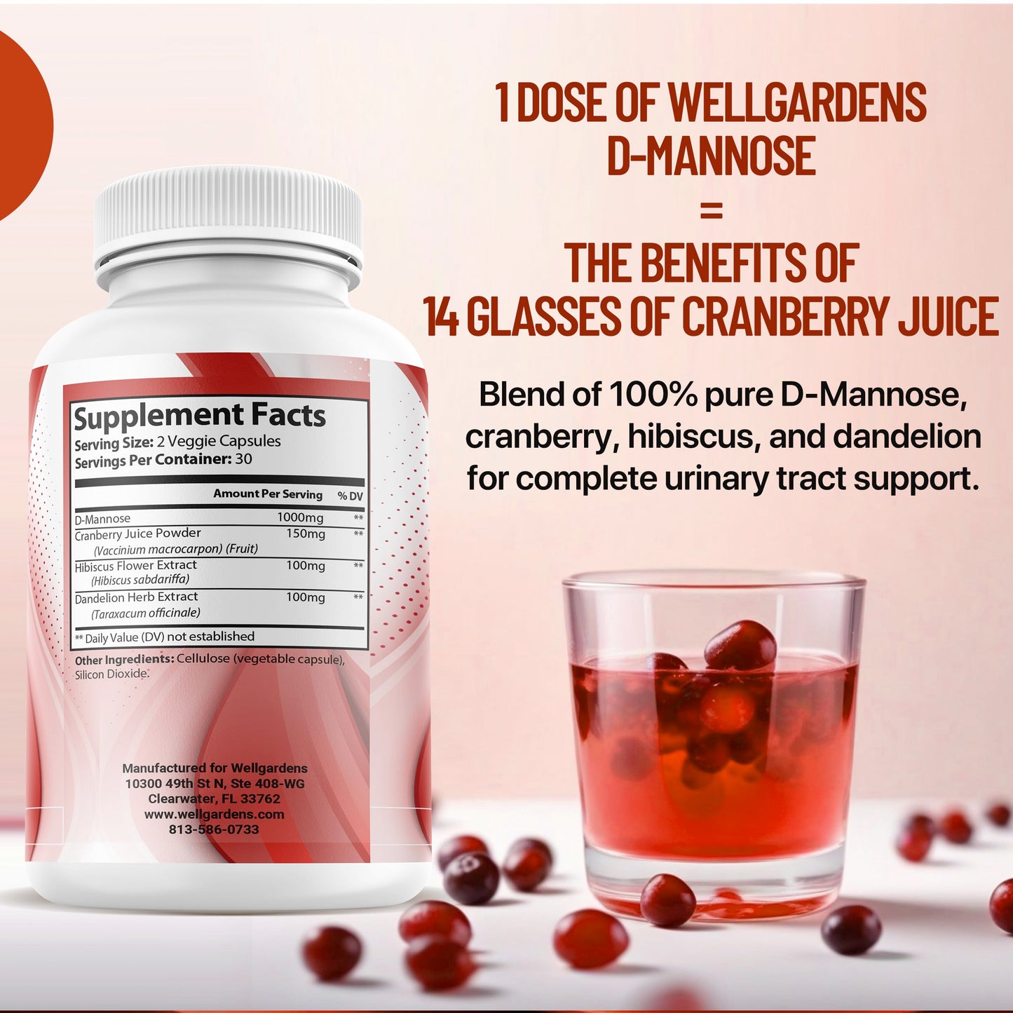 Wellgardens 100% Pure D-Mannose with Cranberry Extract Capsules, 60 Count