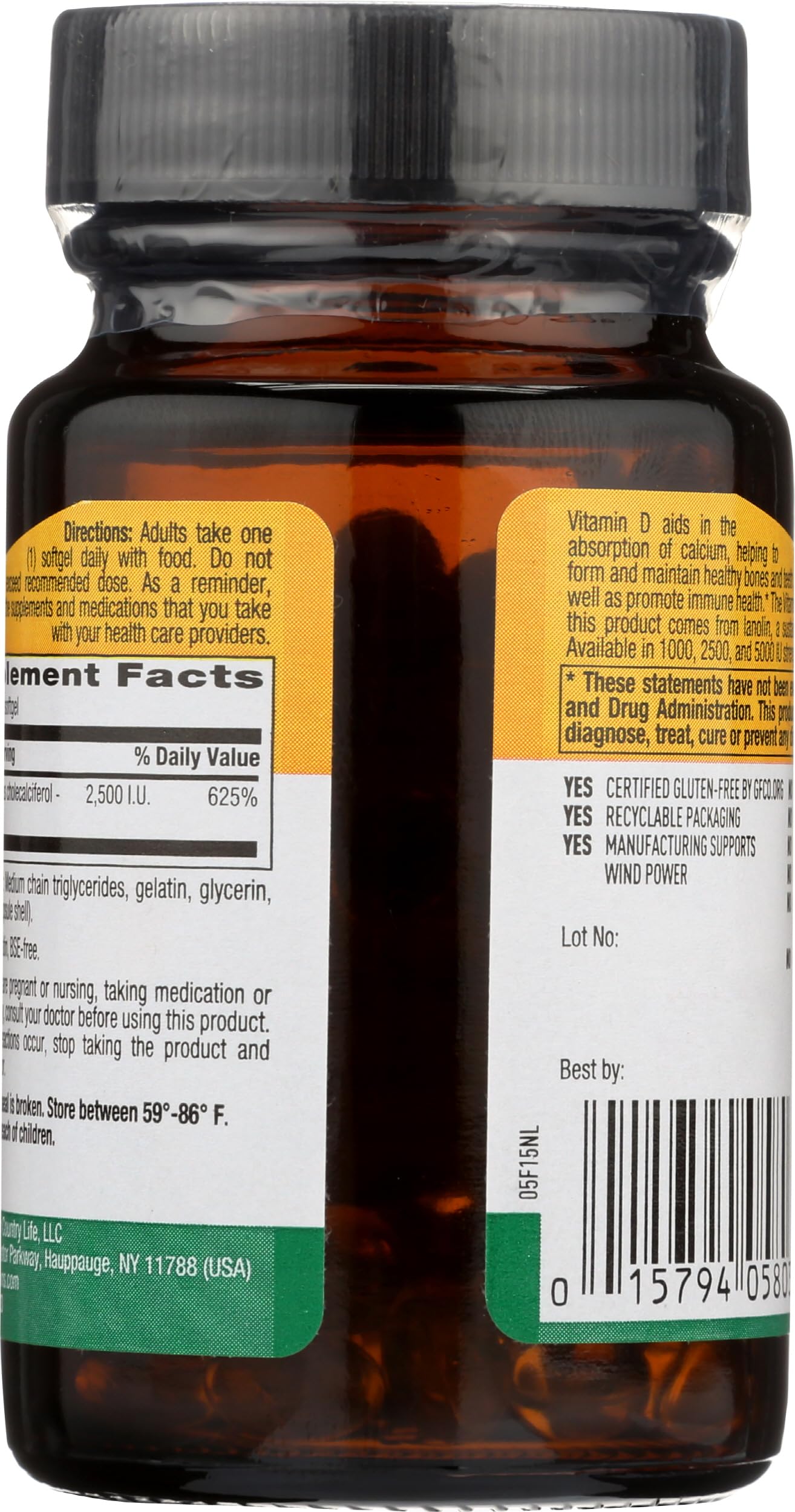 Country Life Vitamin D3 2500 IU Gluten-Free Softgels, 60 Count