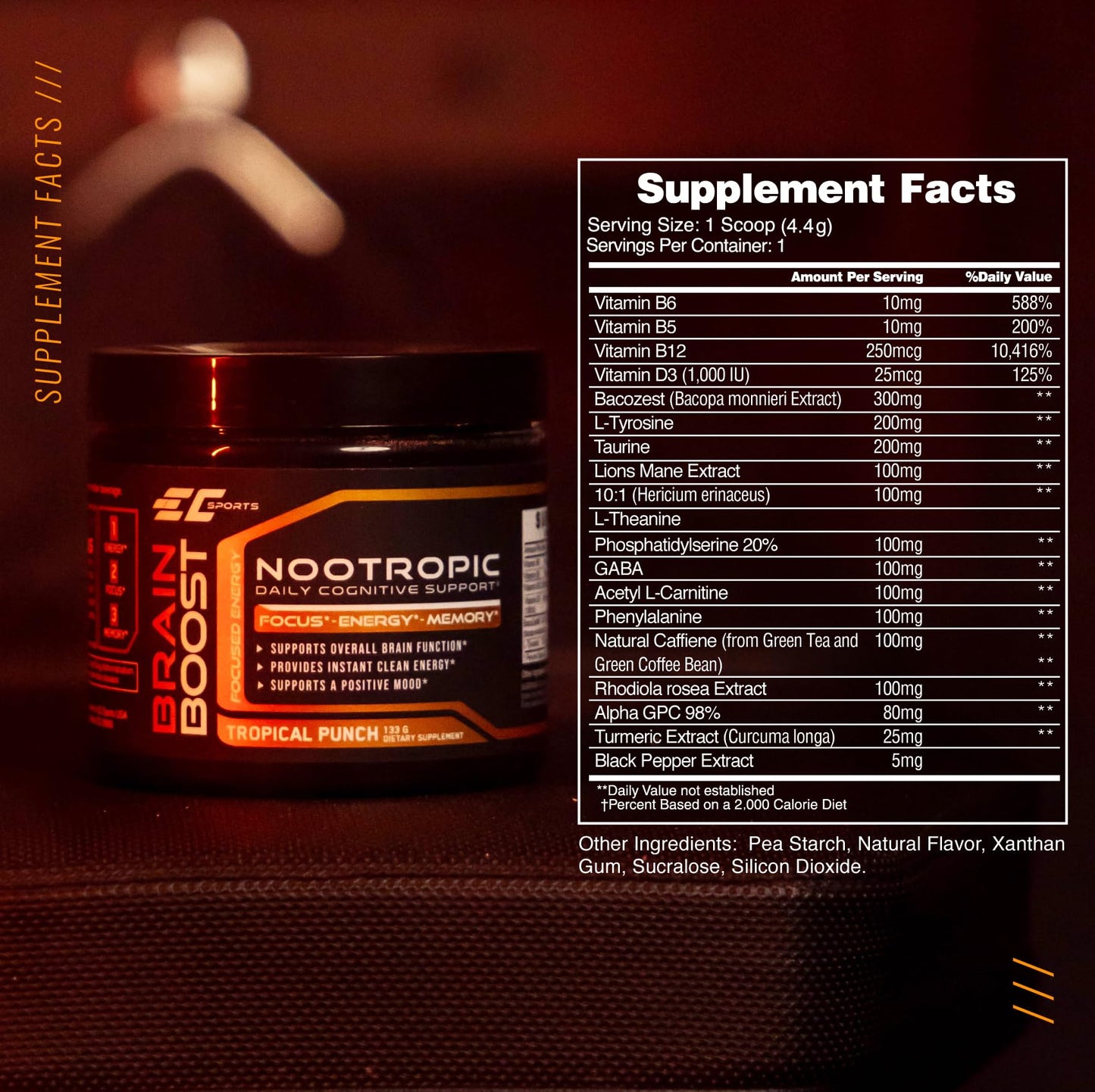 EC Sports Brain Boost Tropical Punch Nootropic Supplement for Focus, Faster Processing, Instant Energy & Performance w/ 18 Nootropics Powder, 1 oz