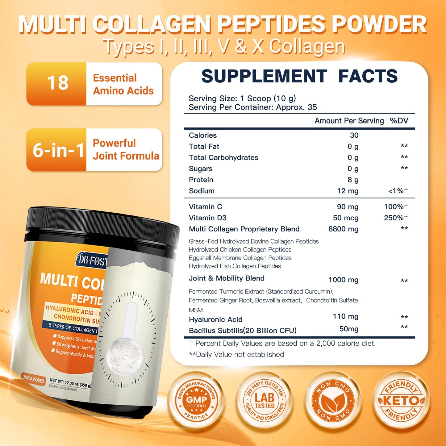 DRFOSTER Multi Collagen Peptides Powder for Women with MSM + CS & D3 - Type I, II, III, V, X Hydrolyzed Collagen with Vitamin C & Hyaluronic Acid for Skin, Hair, Nails & Joints, Non-GMO, 12.35 Ounce