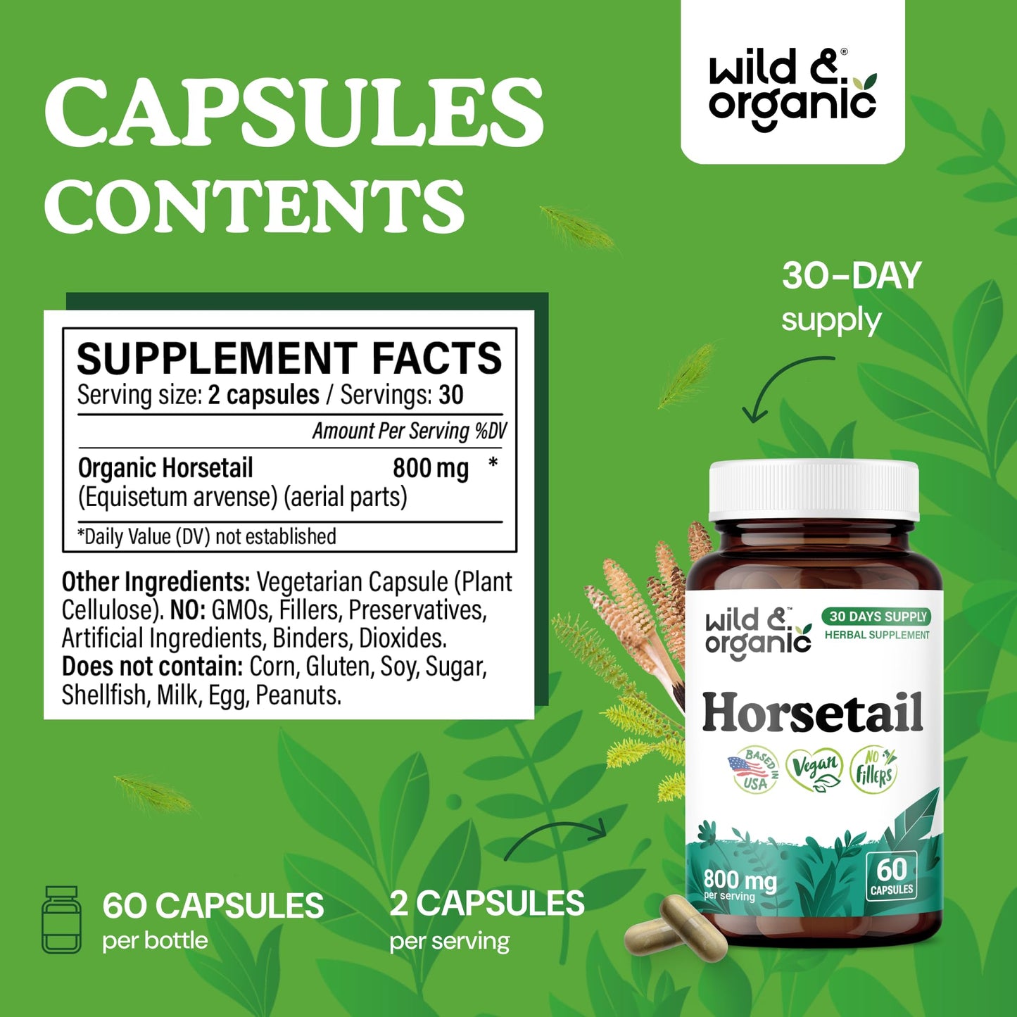 Wild & Organic Horsetail Capsules 60 Count