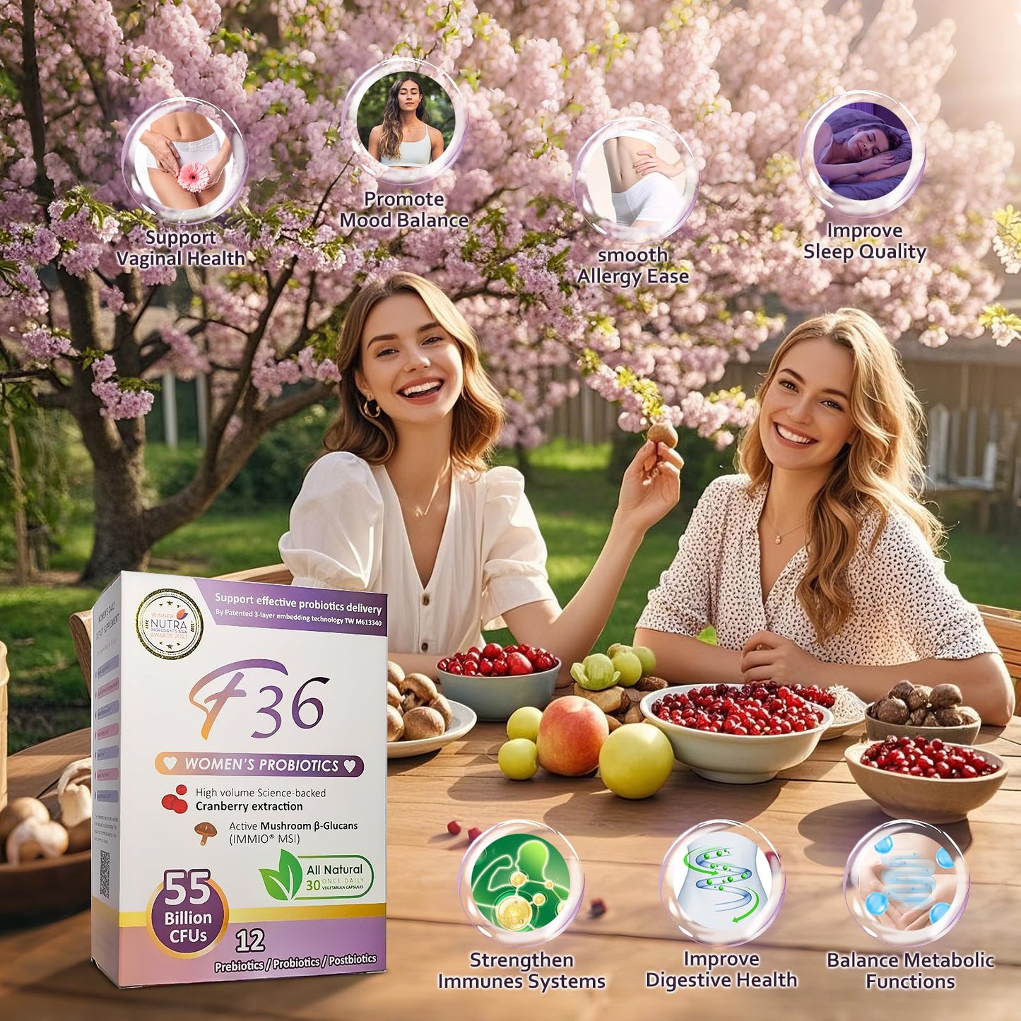 F36 Probiotics for Women 55 Billion CFU – Vaginal & Digestive Health, Immune Support, Sleep & pH Balance – with Cranberry, β-Glucan, Prebiotics & Postbiotics – Once Daily Capsule, 30 Count