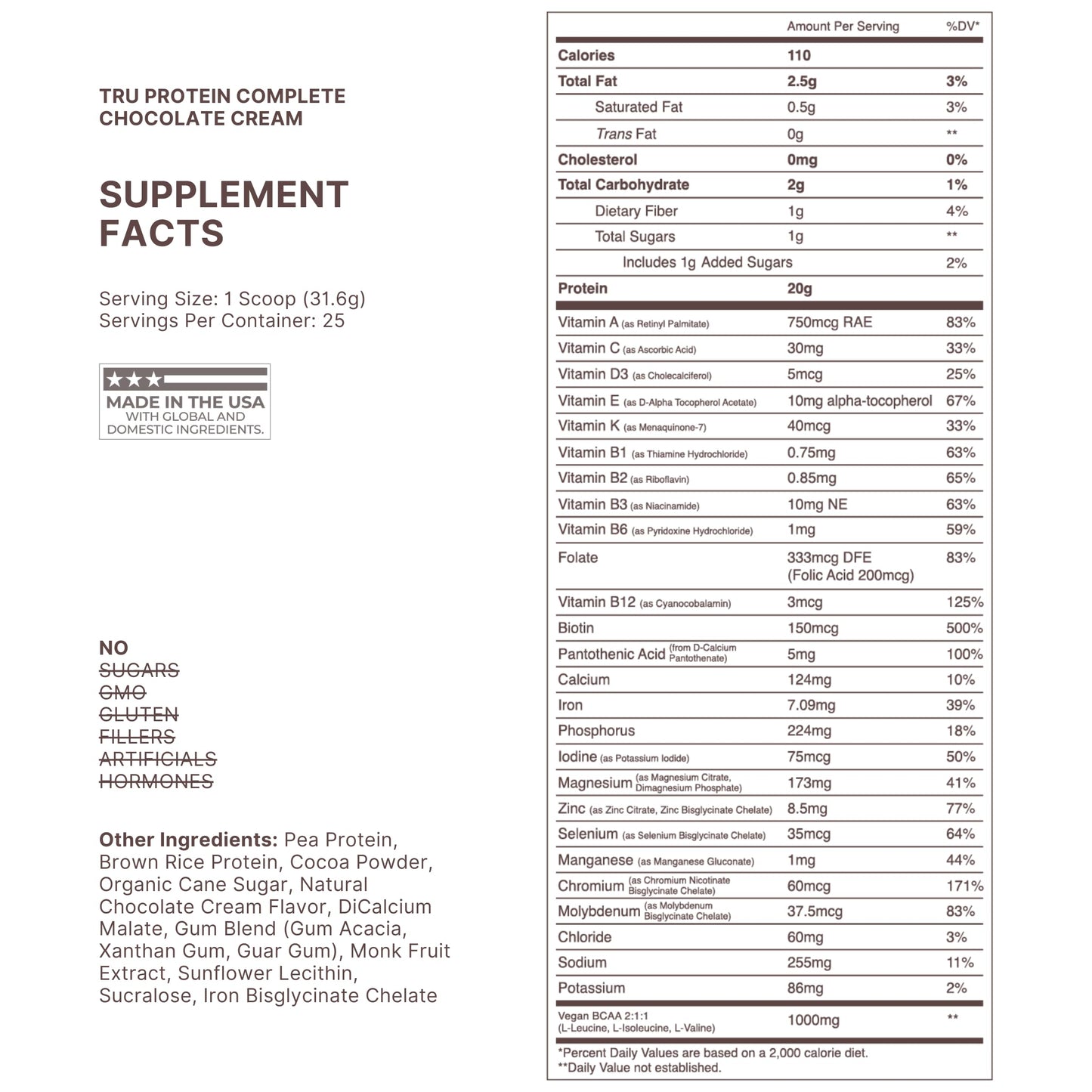 TRU Supplements Plant Based Protein Powder Brown Rice & Pea Protein, 26.5 Servings