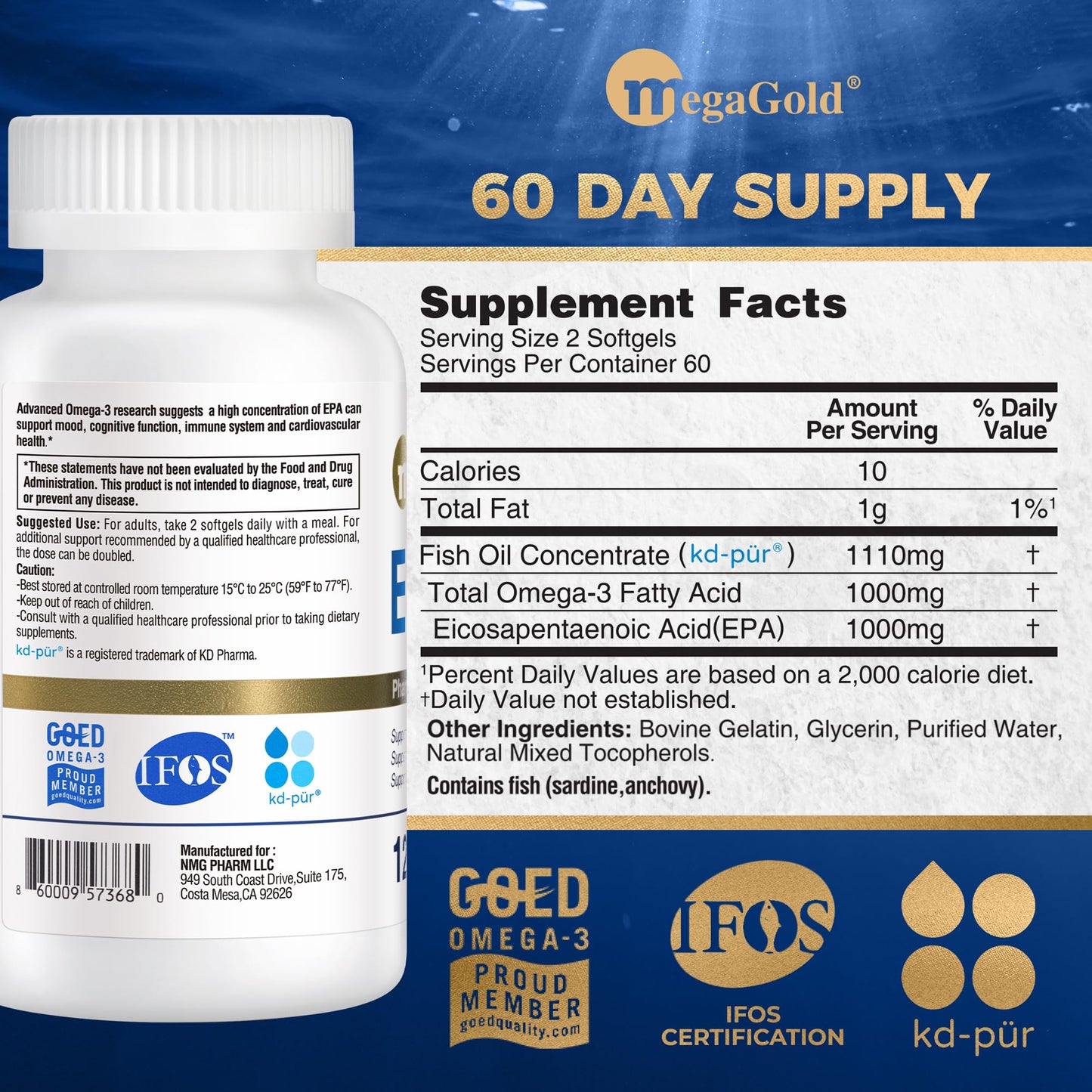 MegaGold Fish Oil Omega-3 EPA 1000mg Softgels 120 Count