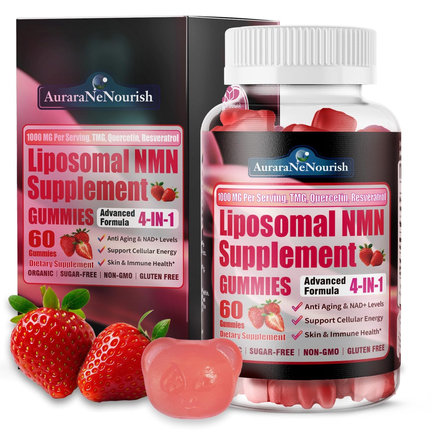 AuraraNeNourish NMN 1000mg Liposomal Gummies with Resveratrol, Quercetin & TMG NAD+ Support, 60 Count