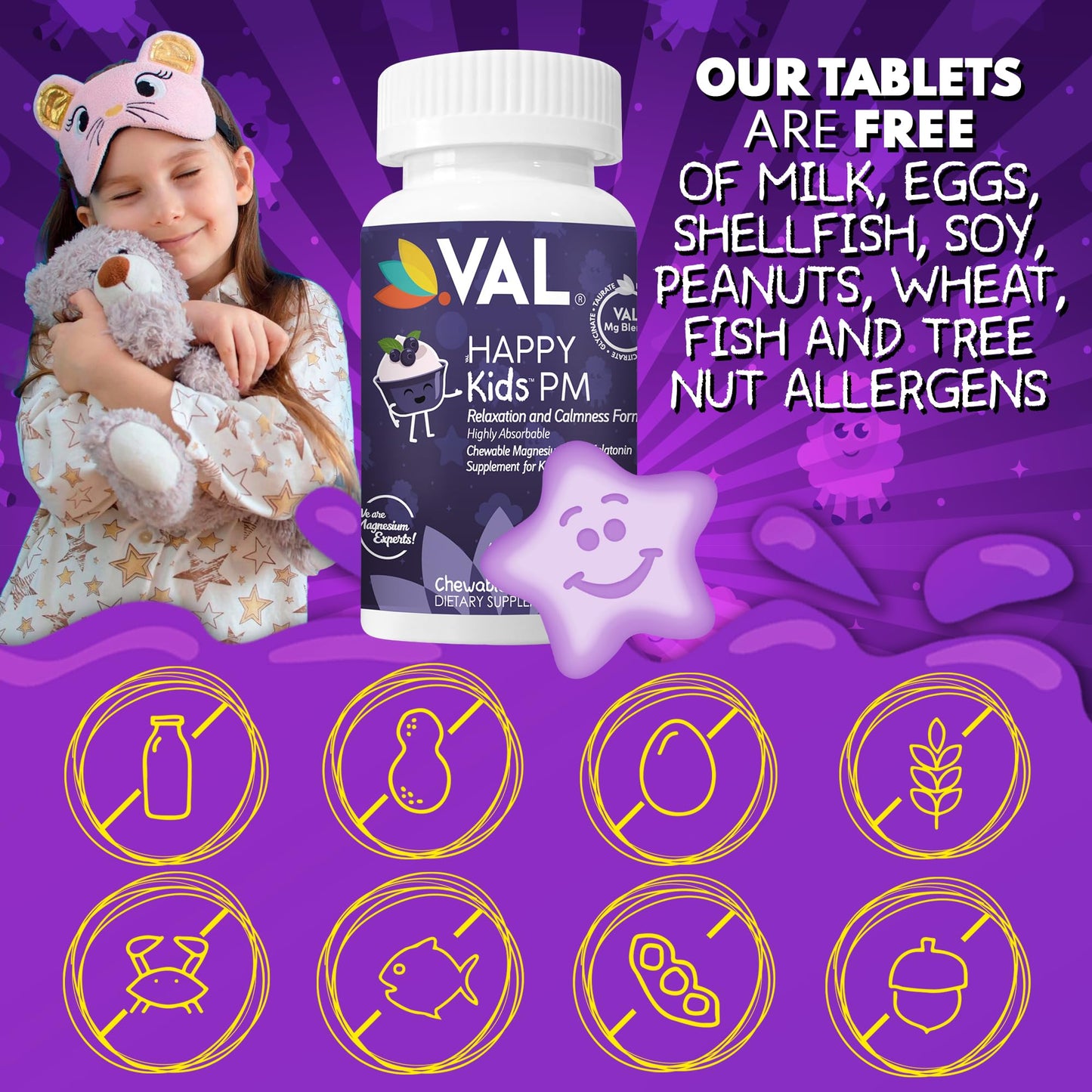 VAL Happy Kids PM Sleep Support for Kids with Magnesium, Melatonin, Vitamin B6 & C, 60 Tablets