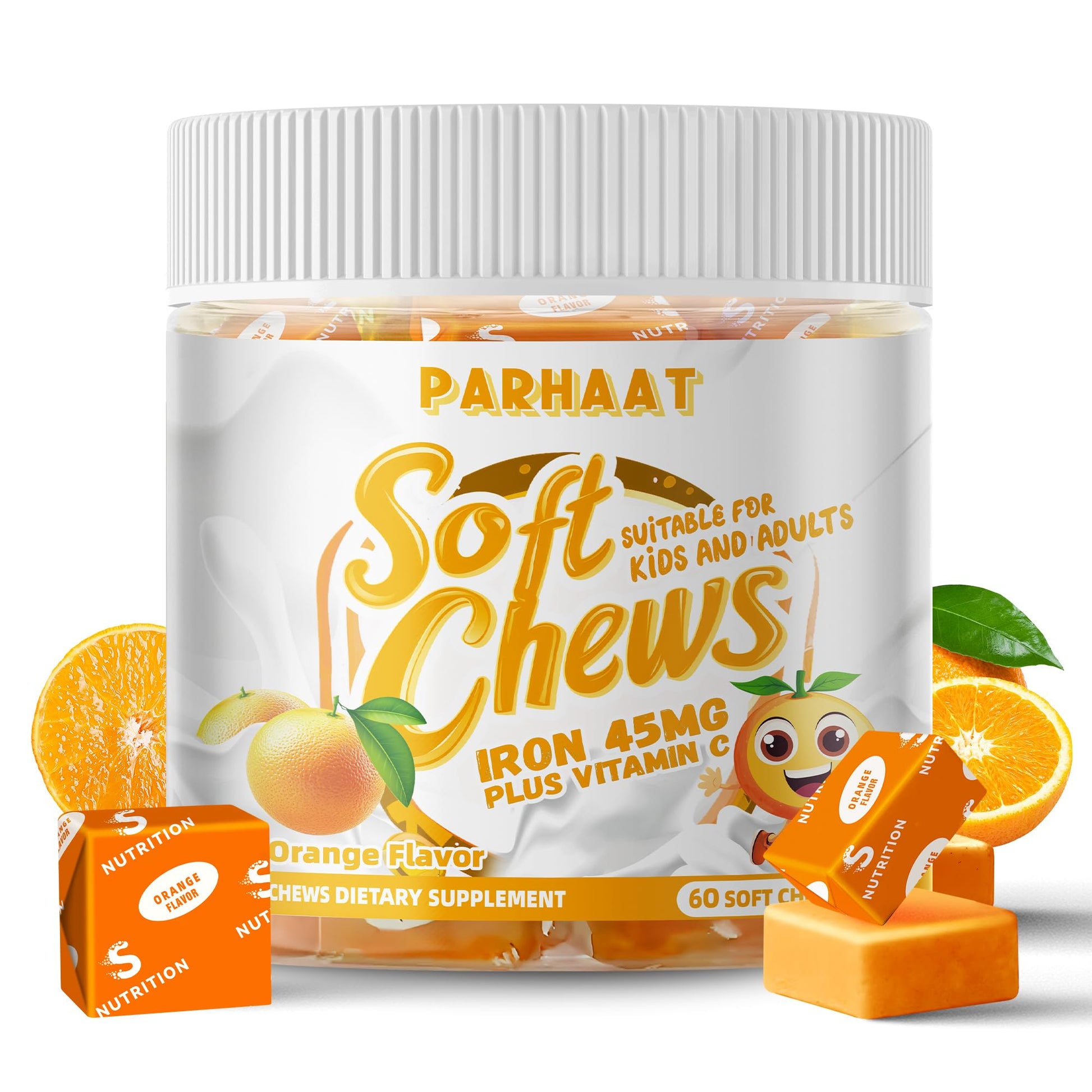 Parhaat Iron Soft Chew Supplement with Vitamin C, Orange Flavored, Gluten Free, 60 Soft Chews