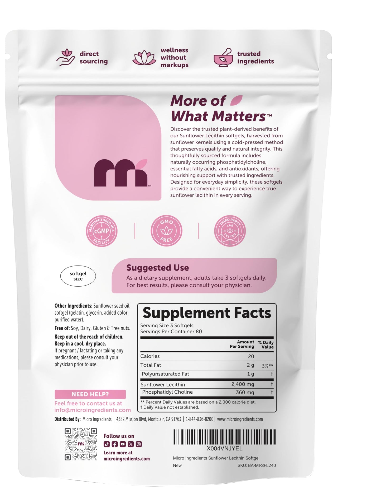 Micro Ingredients Sunflower Lecithin 2,400mg Softgels, 240 Count