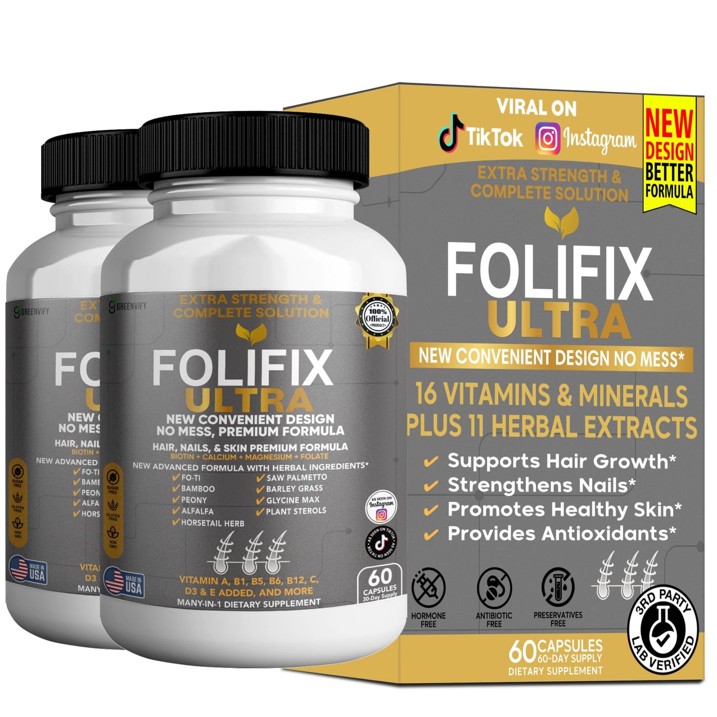 GREENVIFY FoliFix Ultra Hair, Nails & Skin Supplement Capsules, 60 Count