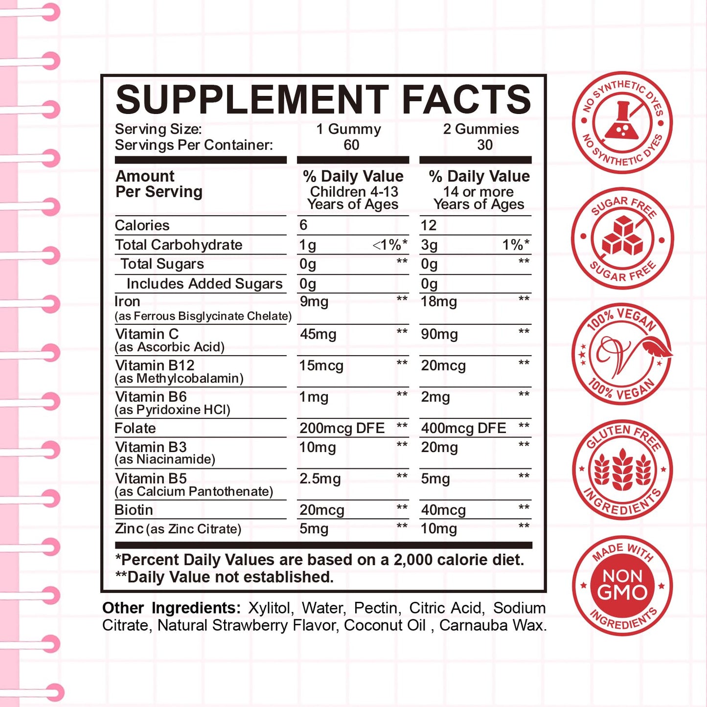 CFILIHTC Iron Gummies with Multivitamin, Vitamin B Complex, C, B6, B12, Folate, Zinc for Anemia, Iron Deficiency, Blood Builder, Energy - Strawberry Flavor, Vegan, 60 Gummies