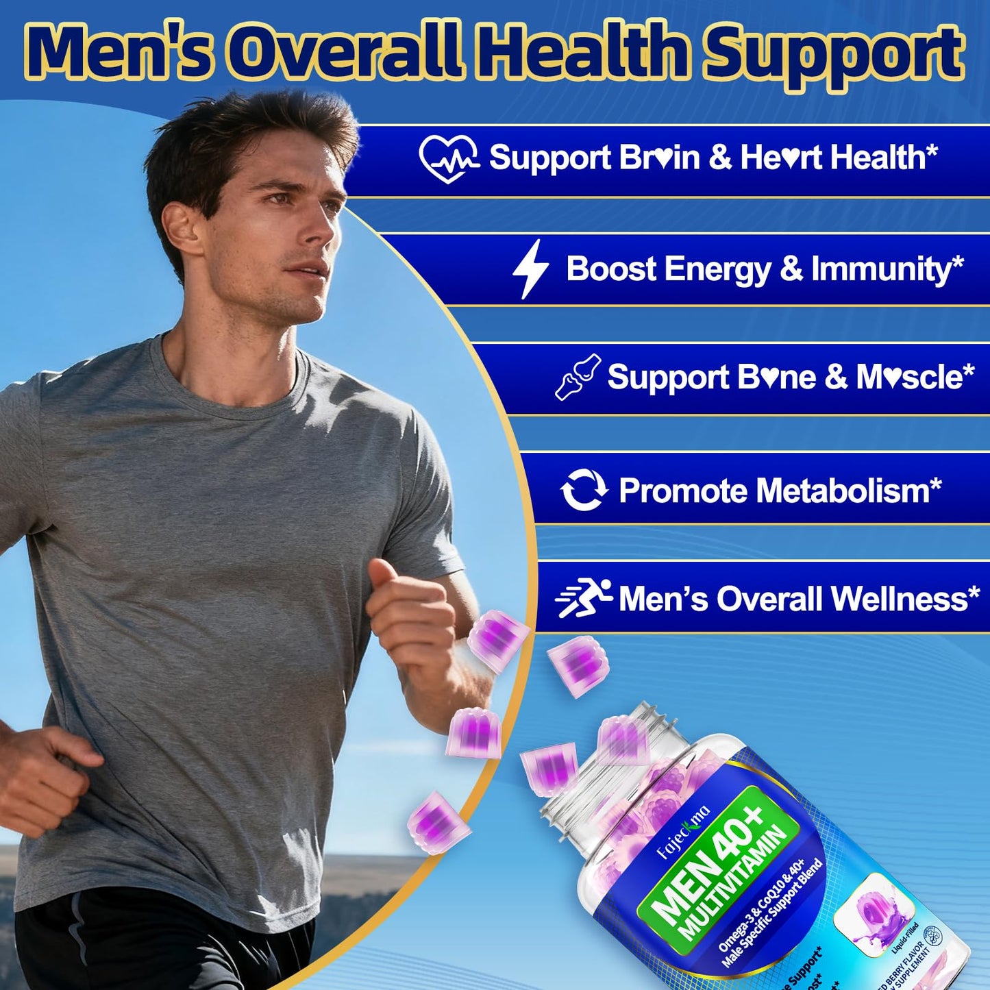 Fajeckma Mens Multivitamins Gummies for 40 Plus Chewable Sugar Free, 120 Count