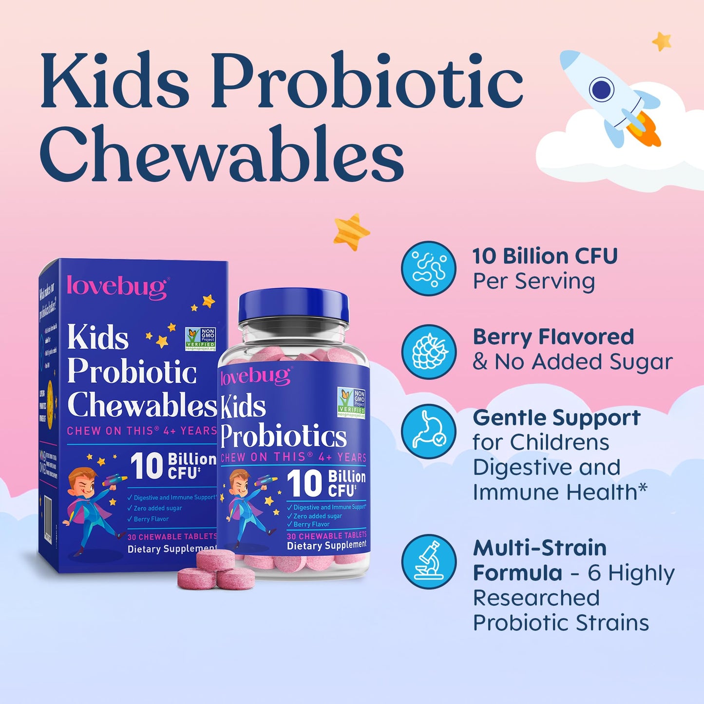 LOVEBUG Probiotics for Kids Probiotic Chewables with Prebiotic Fiber Capsule 30 Count