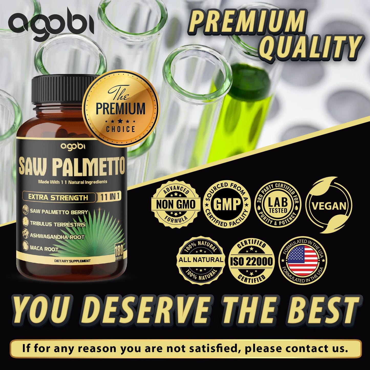 agobi 11in1 Saw Palmetto Capsules with Ashwagandha, Turmeric, Tribulus, Maca, Green Tea, Ginger, Holy Basil & More - Healthy Prostate & Hair Support, 180 Capsules