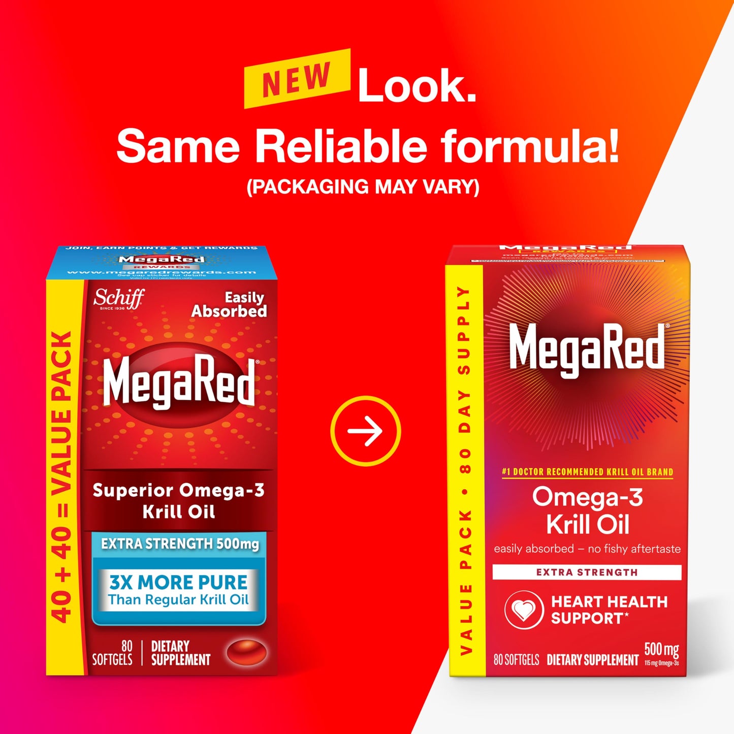 MegaRed Omega-3 Fish Oil Supplement 500mg Extra Strength Softgels 80 Count
