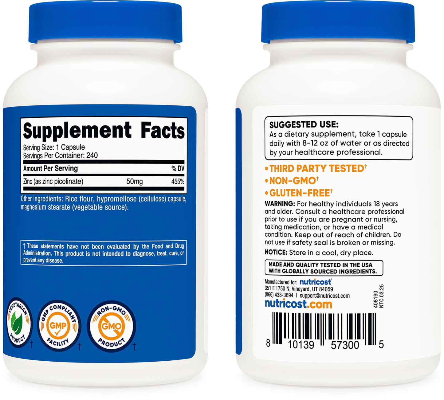 Nutricost Zinc Picolinate 50mg Capsules, 240 Count