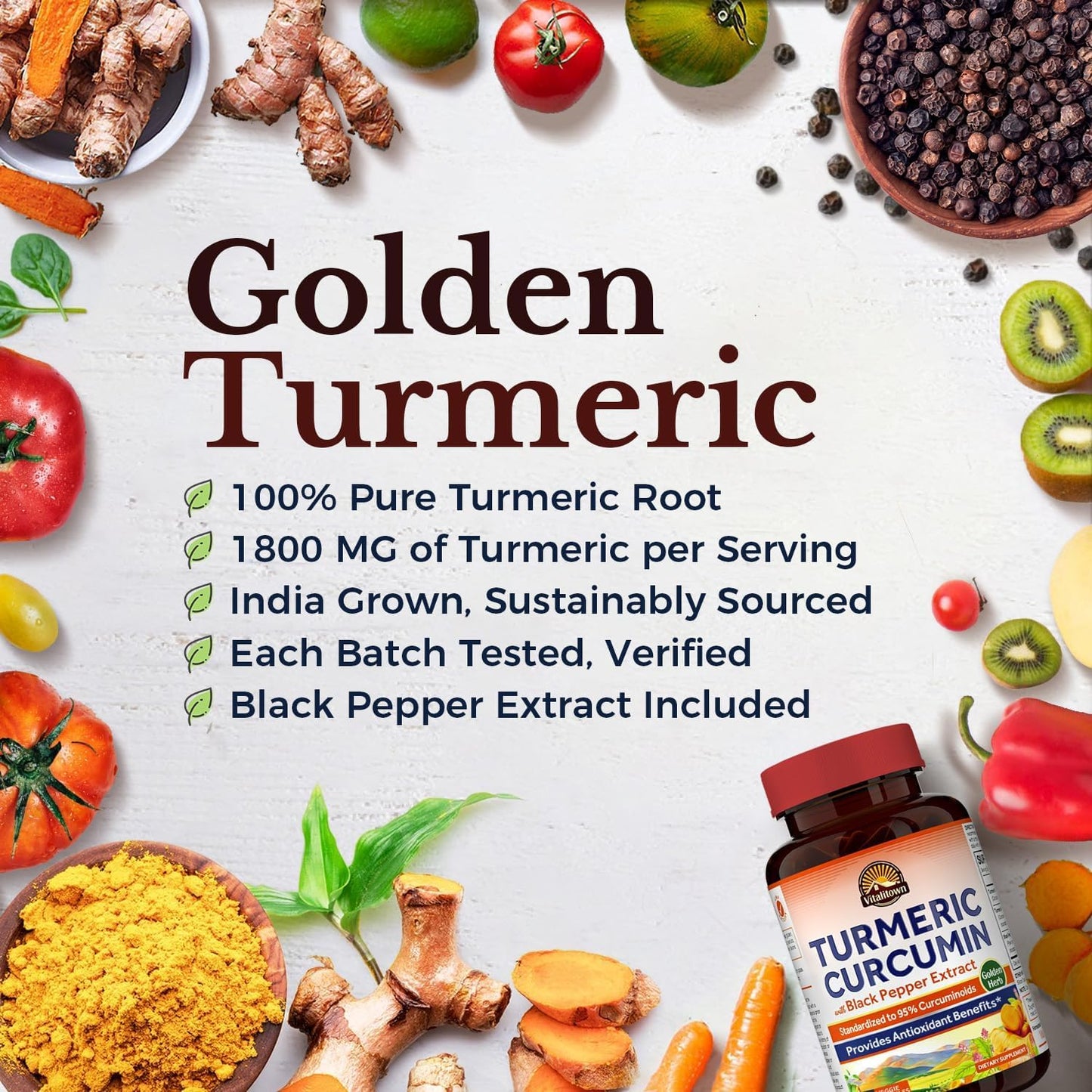 Vitalitown Turmeric Curcumin Root + Black Pepper Capsule, 90 Count